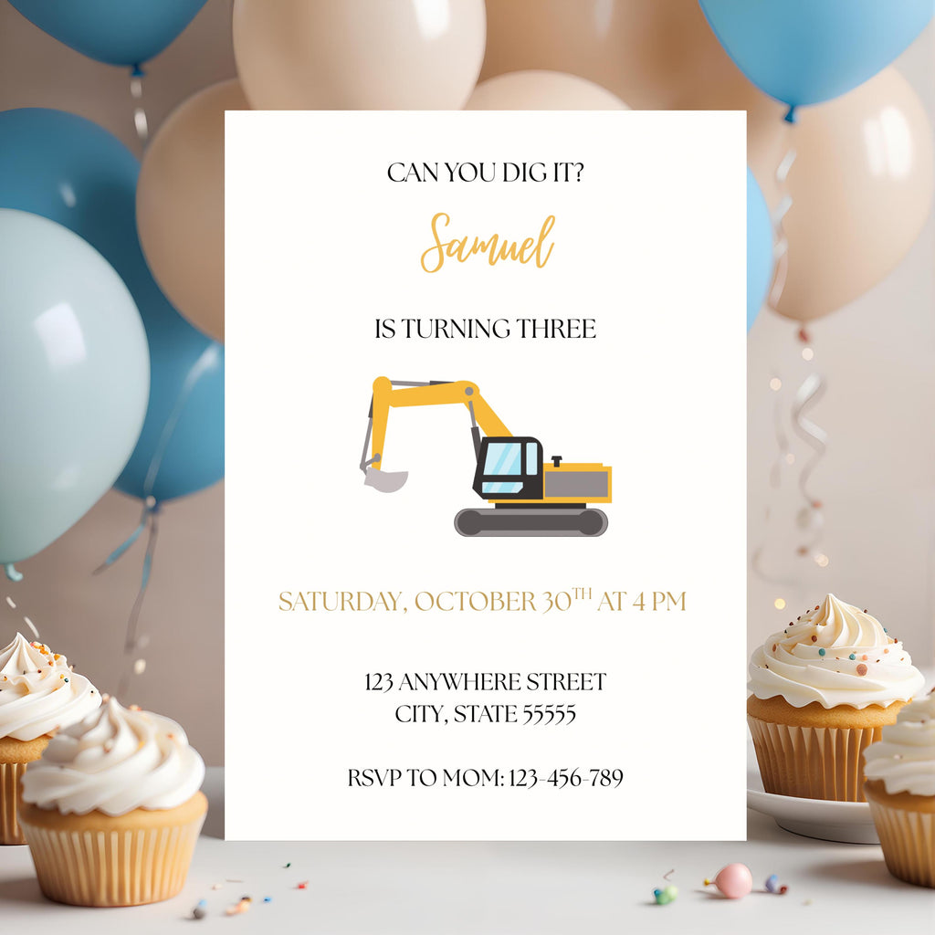 Construction Vehicle Birthday Invitation, Can You Dig It Birthday Party Invite, Editable Template
