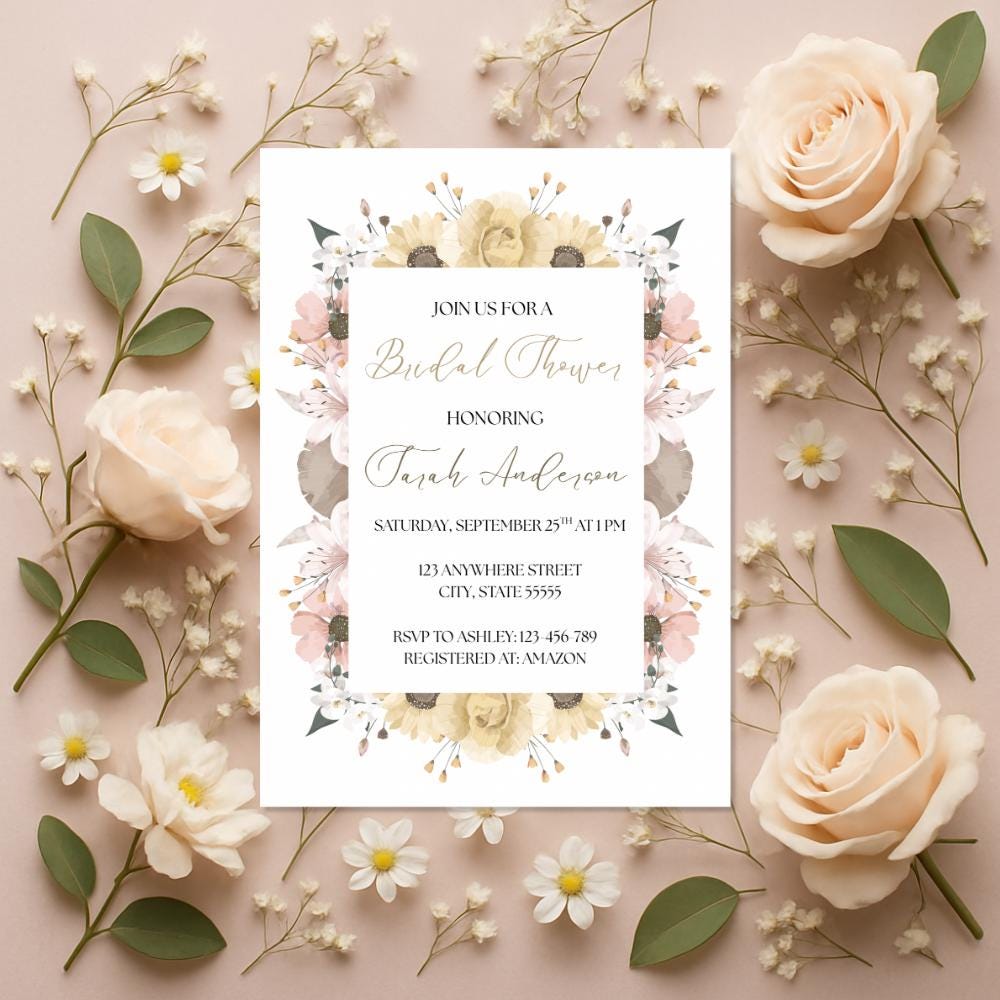 Bridal Shower Invitation with Yellow Roses, Pink Floral Party Invite, Canva Editable Template