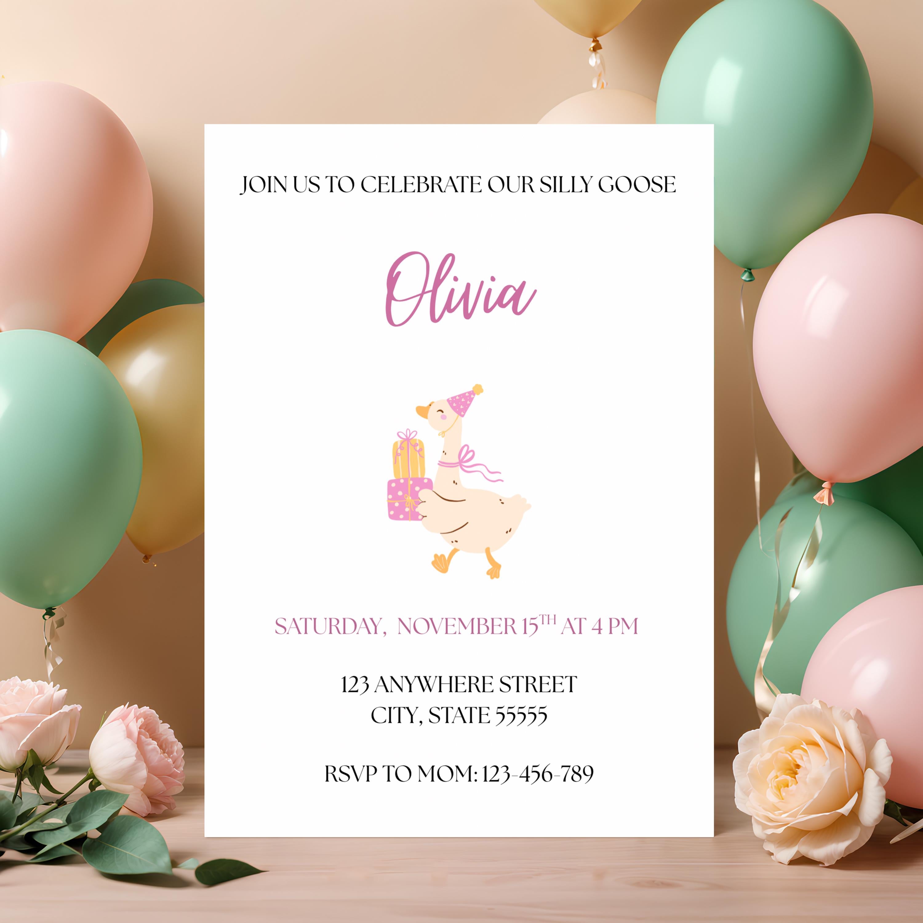 Silly Goose Girl Birthday Party Invitation, Pink Coquette Party Invite, Editable Template