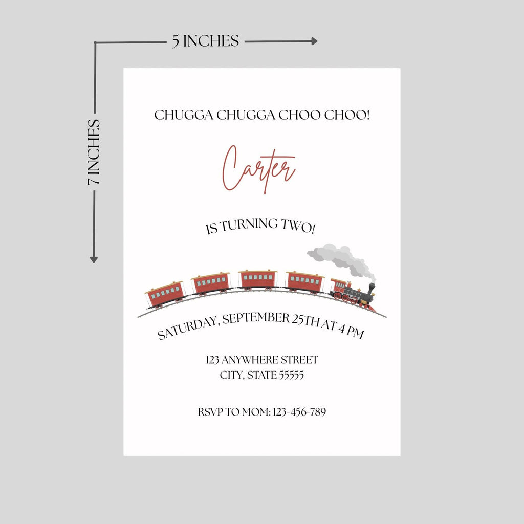 Choo Choo Train Second Birthday Invitation, Steam Engine Party Invite, Canva Editable Template