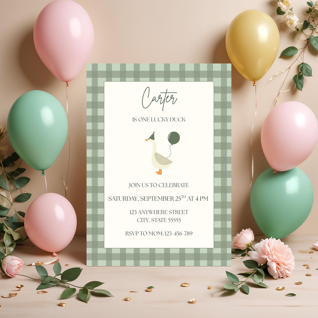 One Lucky Duck Birthday Invitation, Boys First Birthday Party Invite, Editable Template
