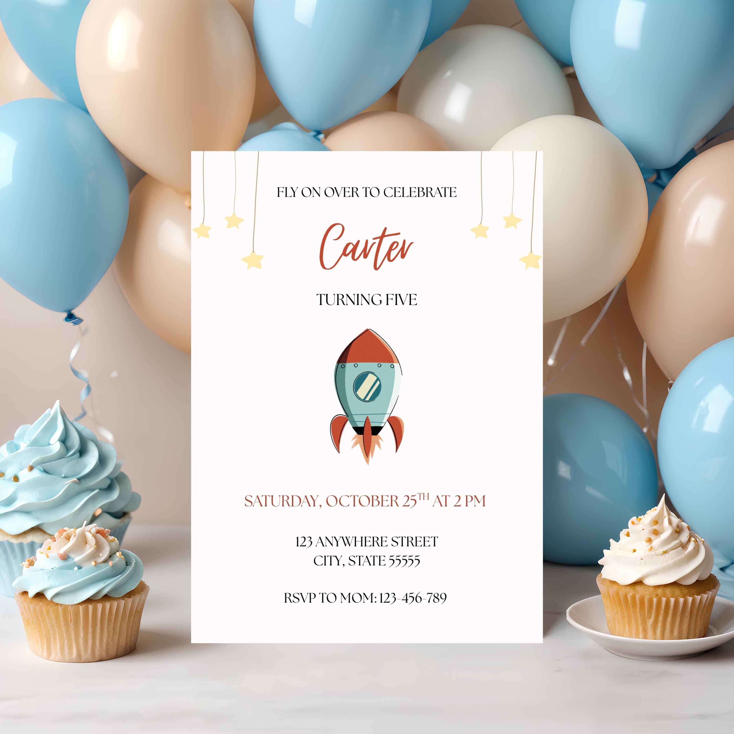 Fly On Over Rocketship Birthday Invitation, Boys Space Party Invite, Editable Template