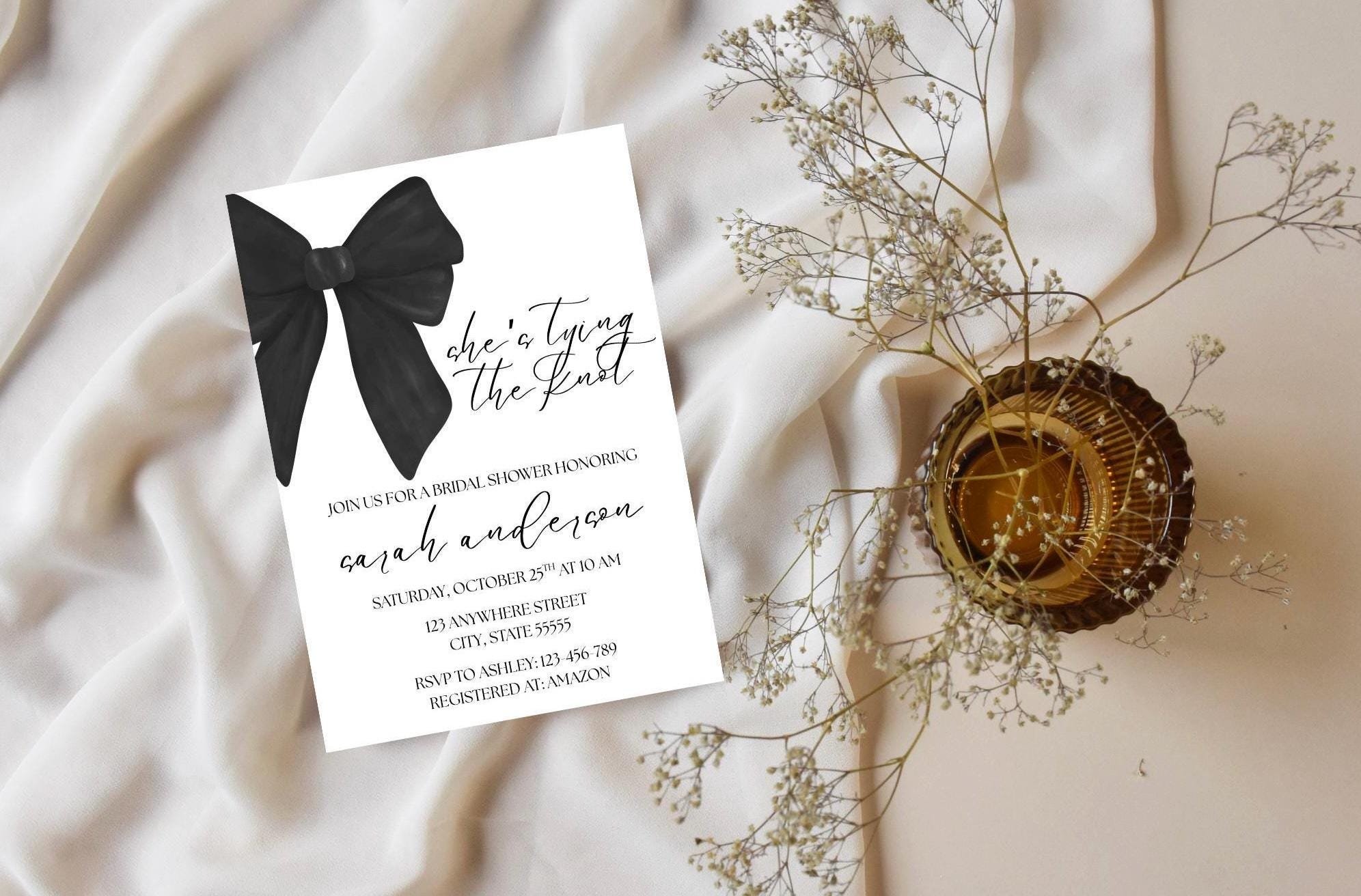 Tying the Knot Bridal Shower Invitation, Black Coquette Bow Party Invite, Editable Template