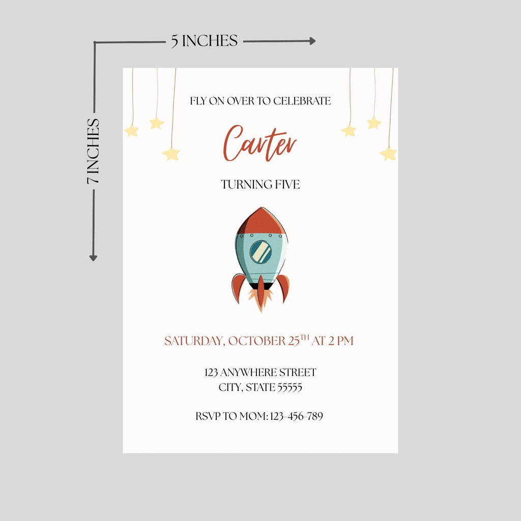 Fly On Over Rocketship Birthday Invitation, Boys Space Party Invite, Editable Template