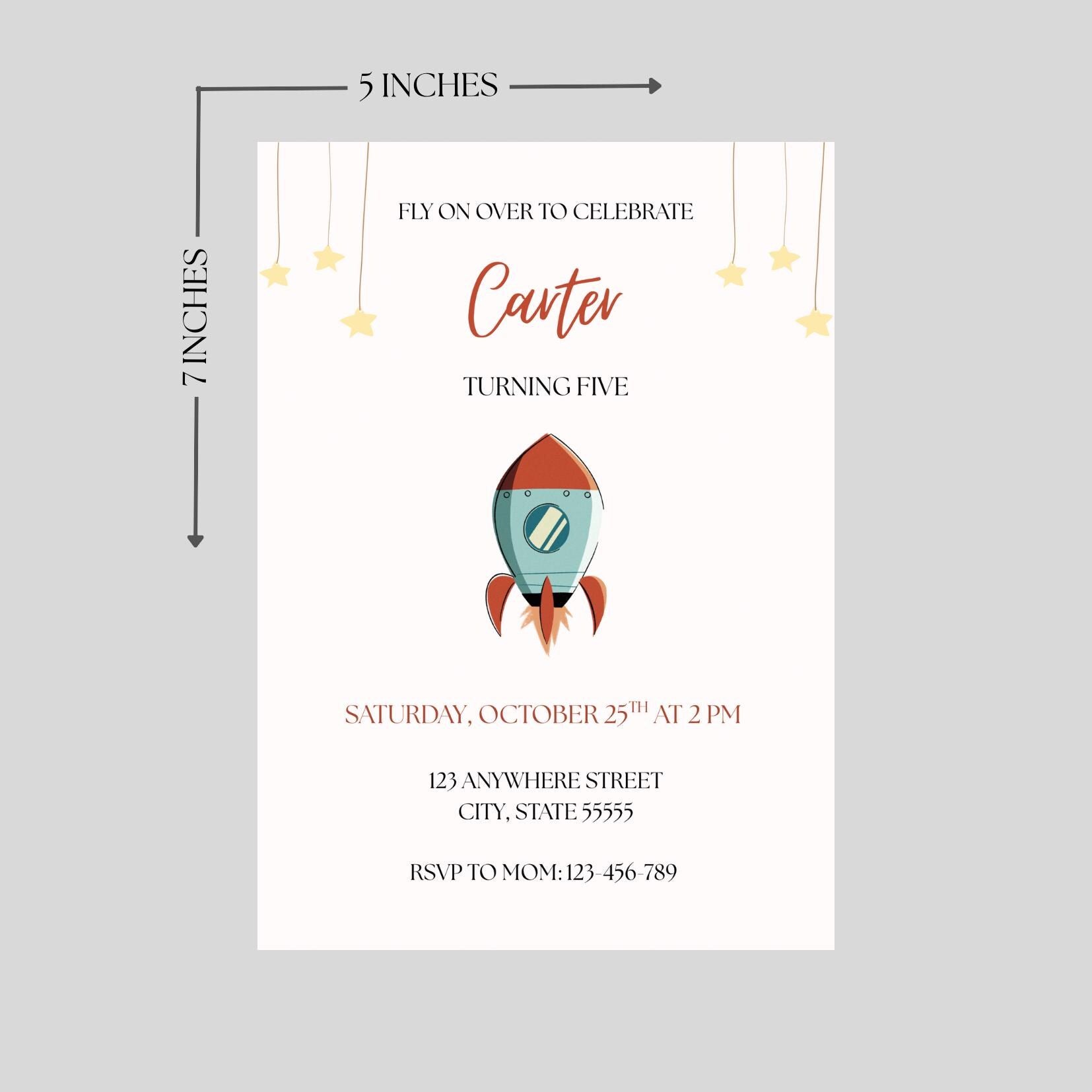 Fly On Over Rocketship Birthday Invitation, Boys Space Party Invite, Editable Template
