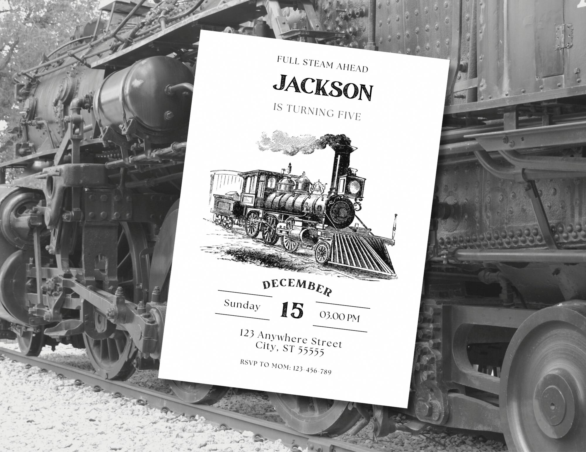 Vintage Train Birthday Invitation: Black and White Party Invite, Editable Canva Template