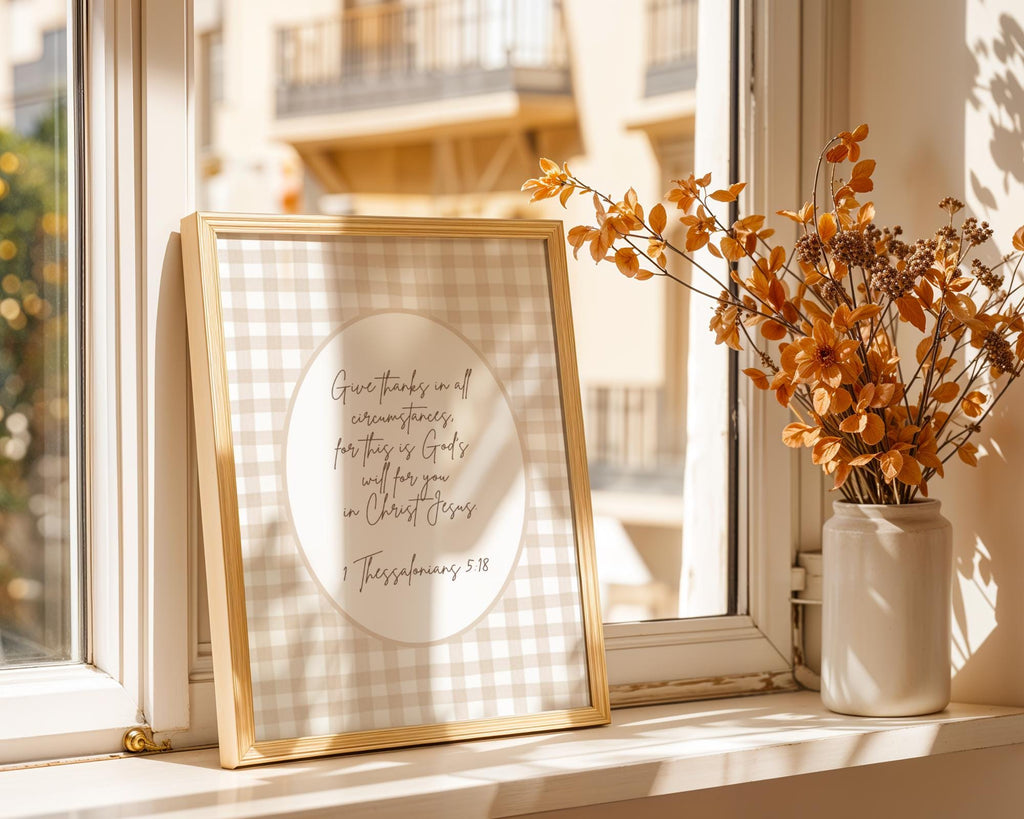 Fall Christian Wall Art, Vintage Gingham Bible Verse Quote Poster Print, Digital Download