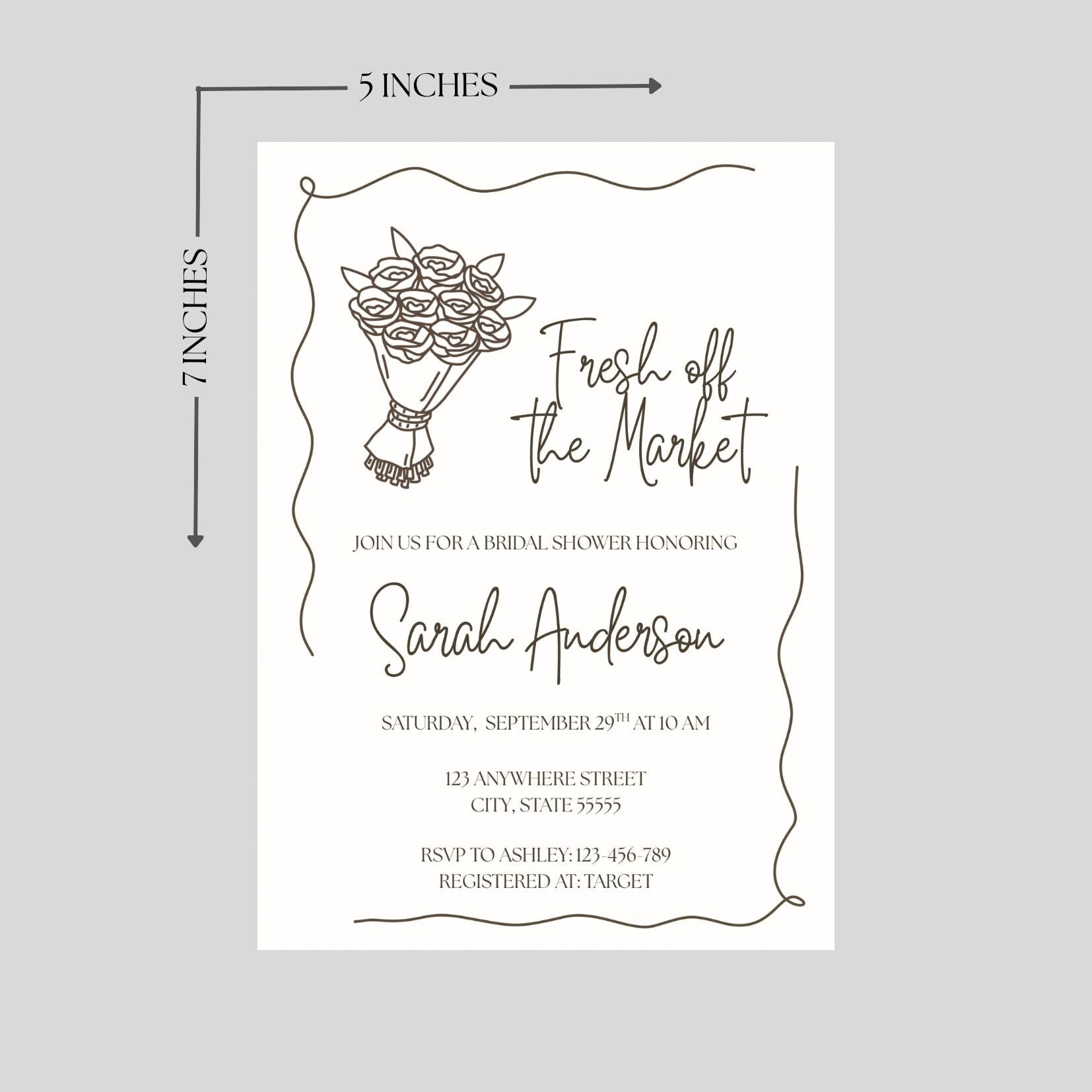 Fresh off the Market Bridal Shower Invitation, Hand-Drawn Floral Invite, Editable Template