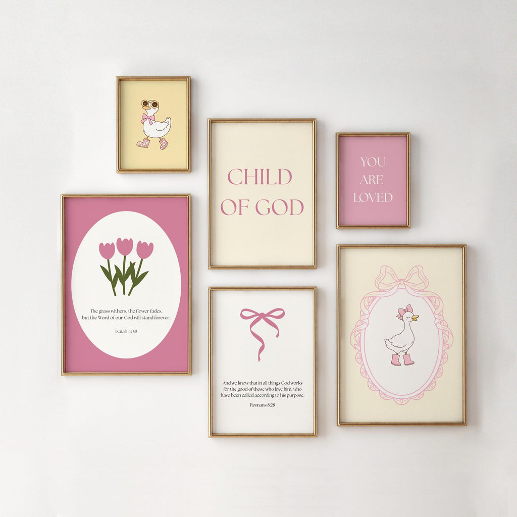 Christian Girl Printable Bedroom Nursery Wall Art, Pink Yellow Bible Verse Prints, Digital Download