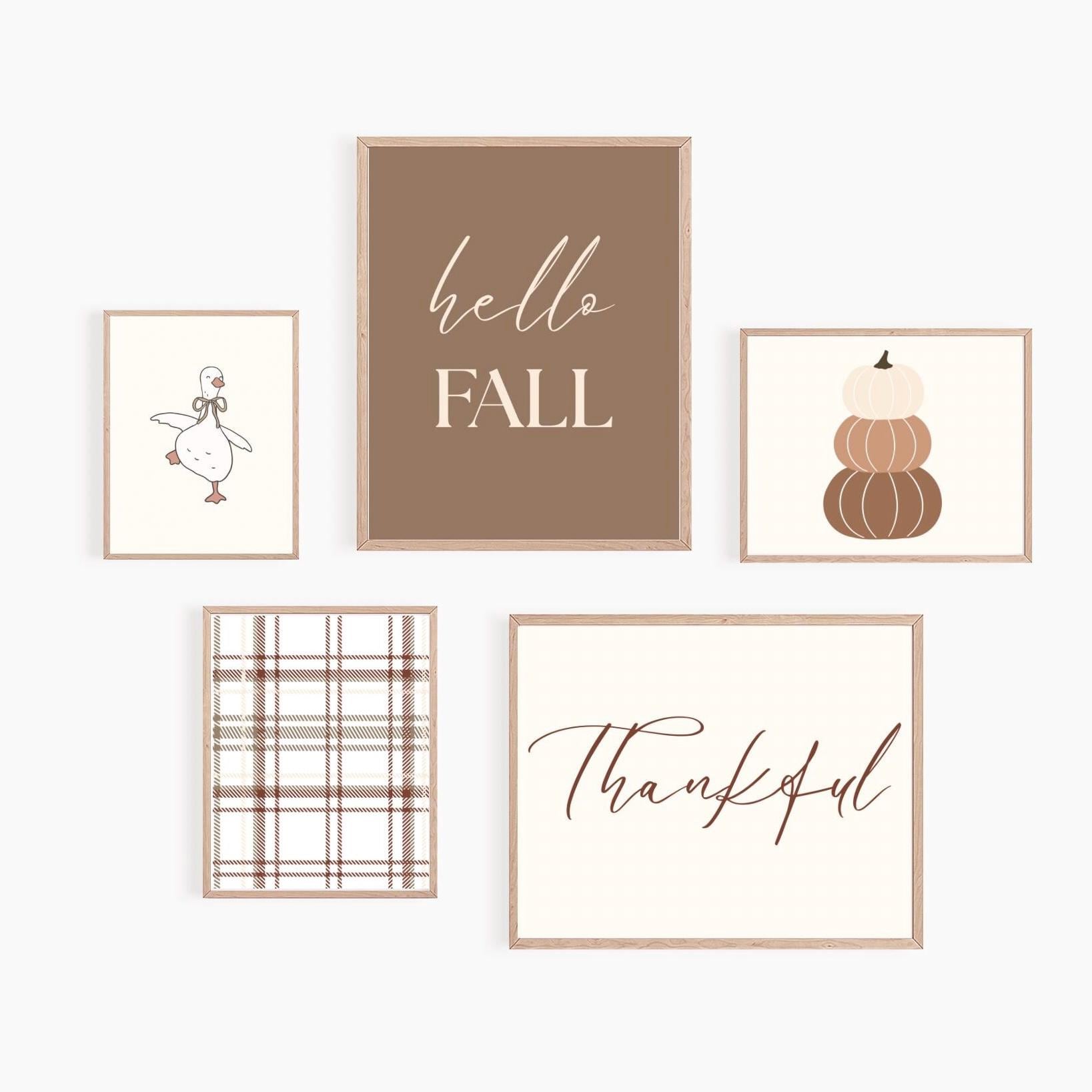 Printable Fall Wall Art Set of 5, Brown Thanksgiving Wall Decor Poster Prints, (Digital Download)