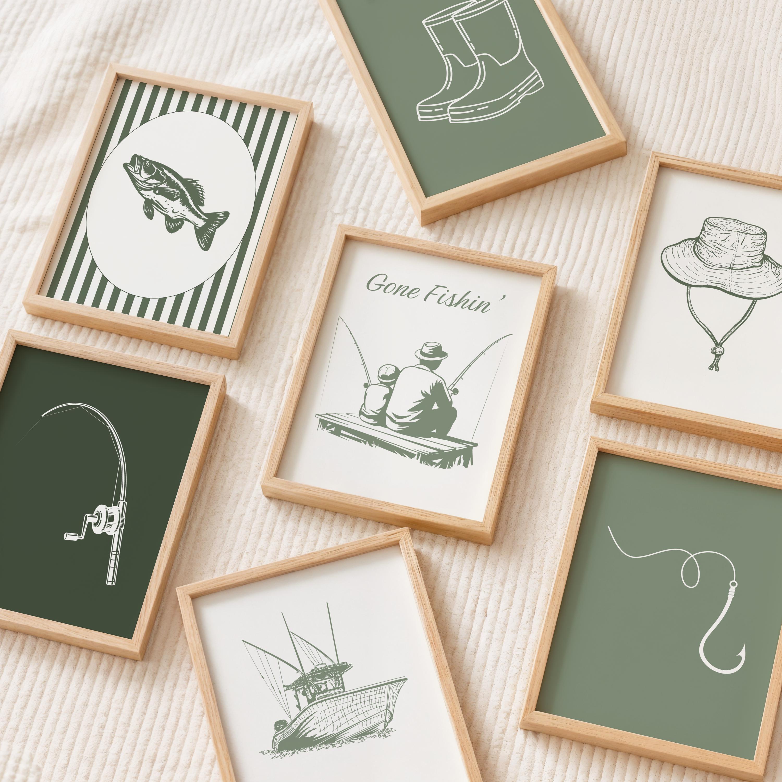 Vintage Fishing Nursery Wall Art, Green Kids Room Poster Prints, Digital Download