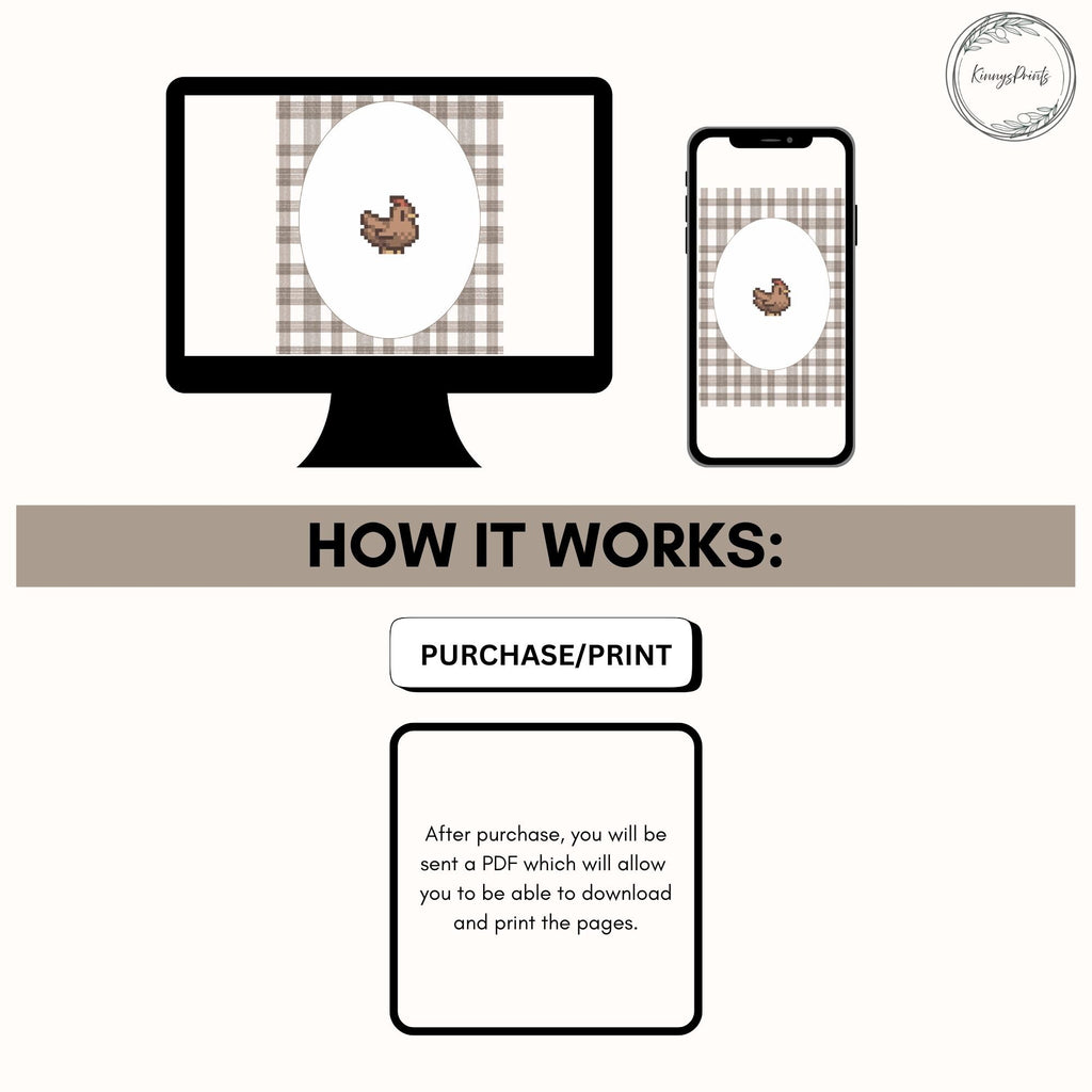 Stardew Valley Wall Art, Brown Gingham Chicken Poster Print, Digital Download