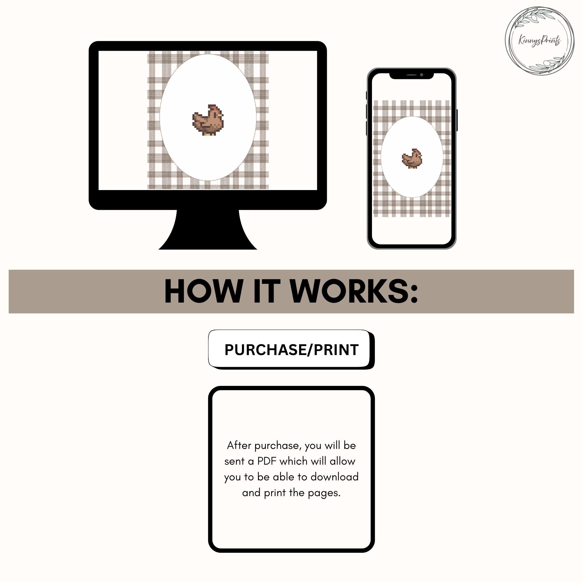 Stardew Valley Wall Art, Brown Gingham Chicken Poster Print, Digital Download