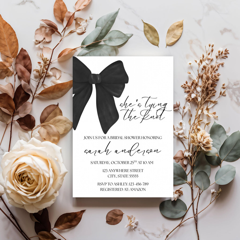 Tying the Knot Bridal Shower Invitation, Black Coquette Bow Party Invite, Editable Template