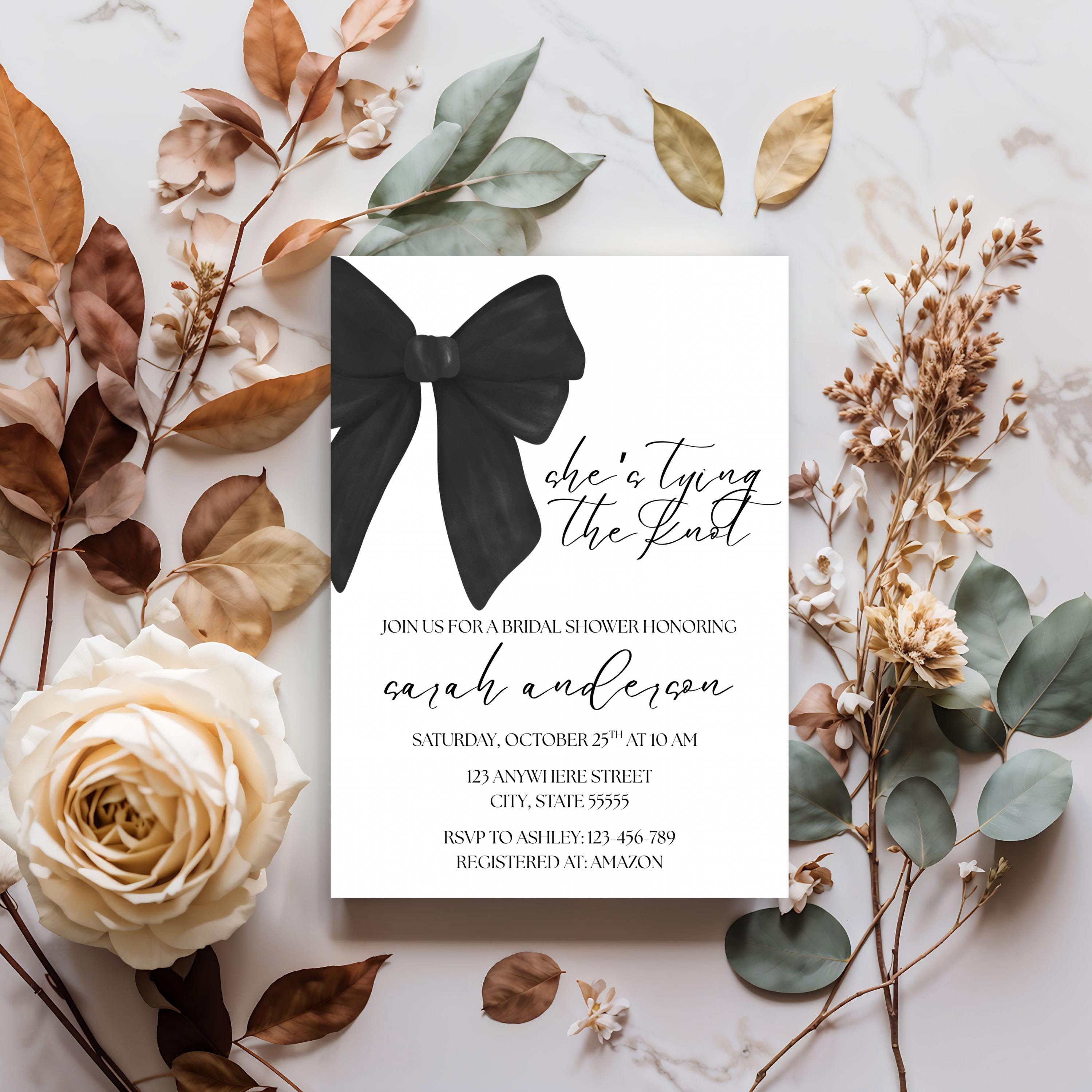 Tying the Knot Bridal Shower Invitation, Black Coquette Bow Party Invite, Editable Template