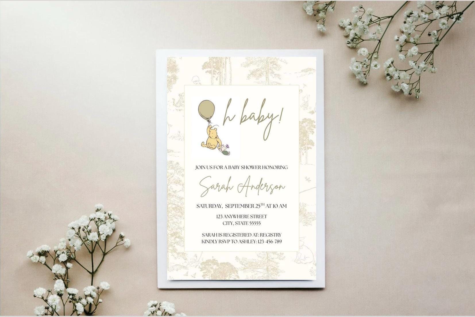Vintage Winnie the Pooh Baby Shower Invitation: Editable Canva Template