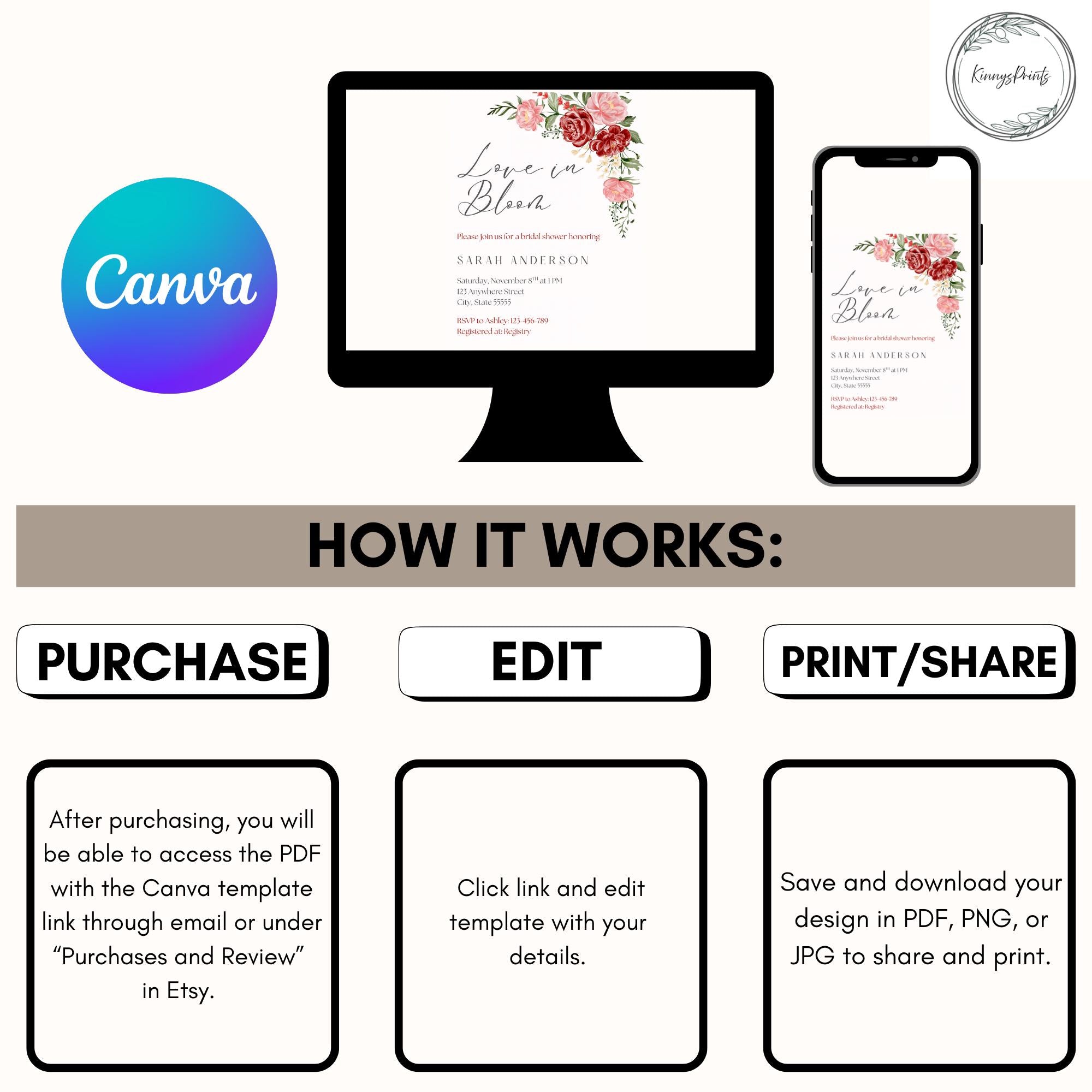 Pink Floral Bridal Shower Invitation: Canva Editable Template