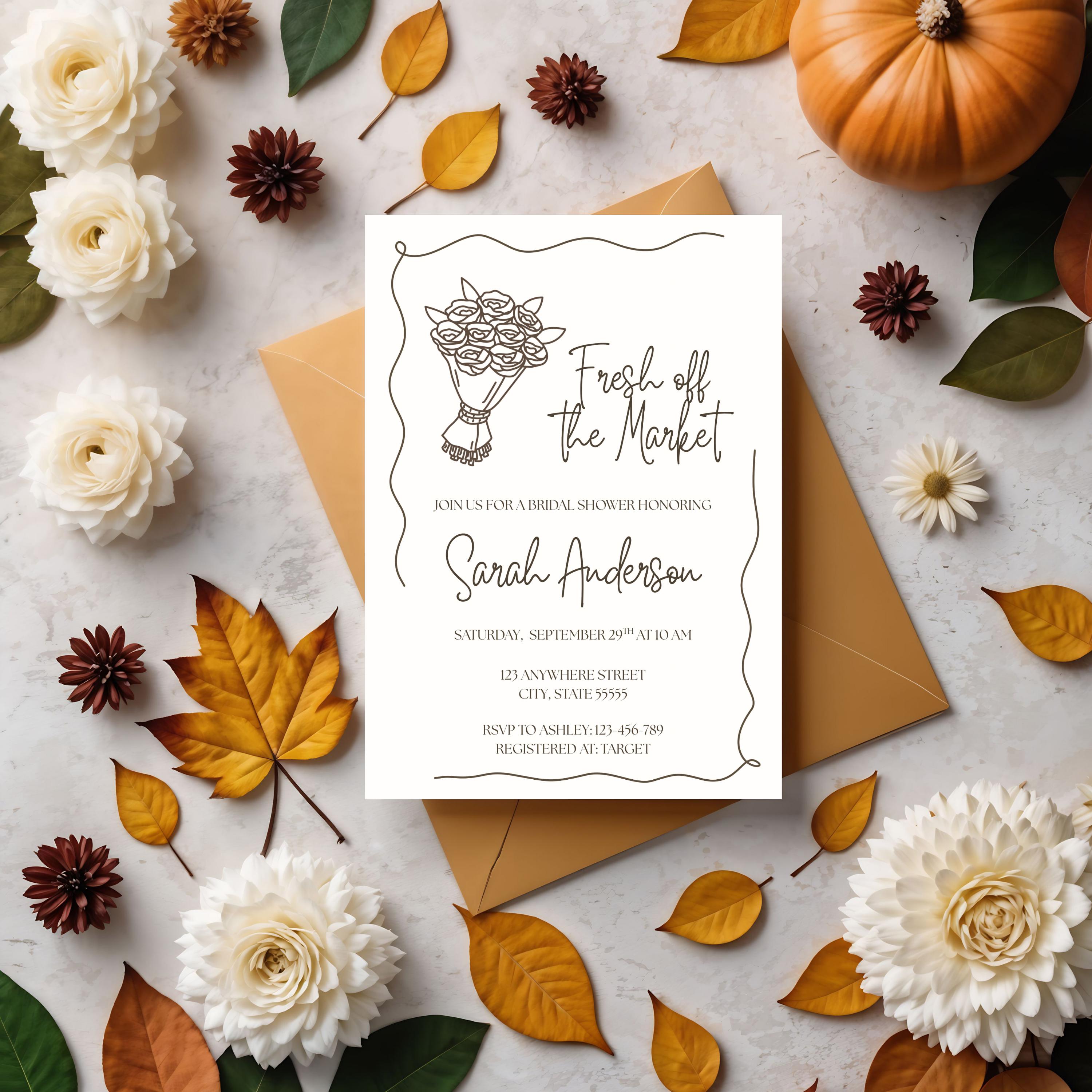 Fresh off the Market Bridal Shower Invitation, Hand-Drawn Floral Invite, Editable Template