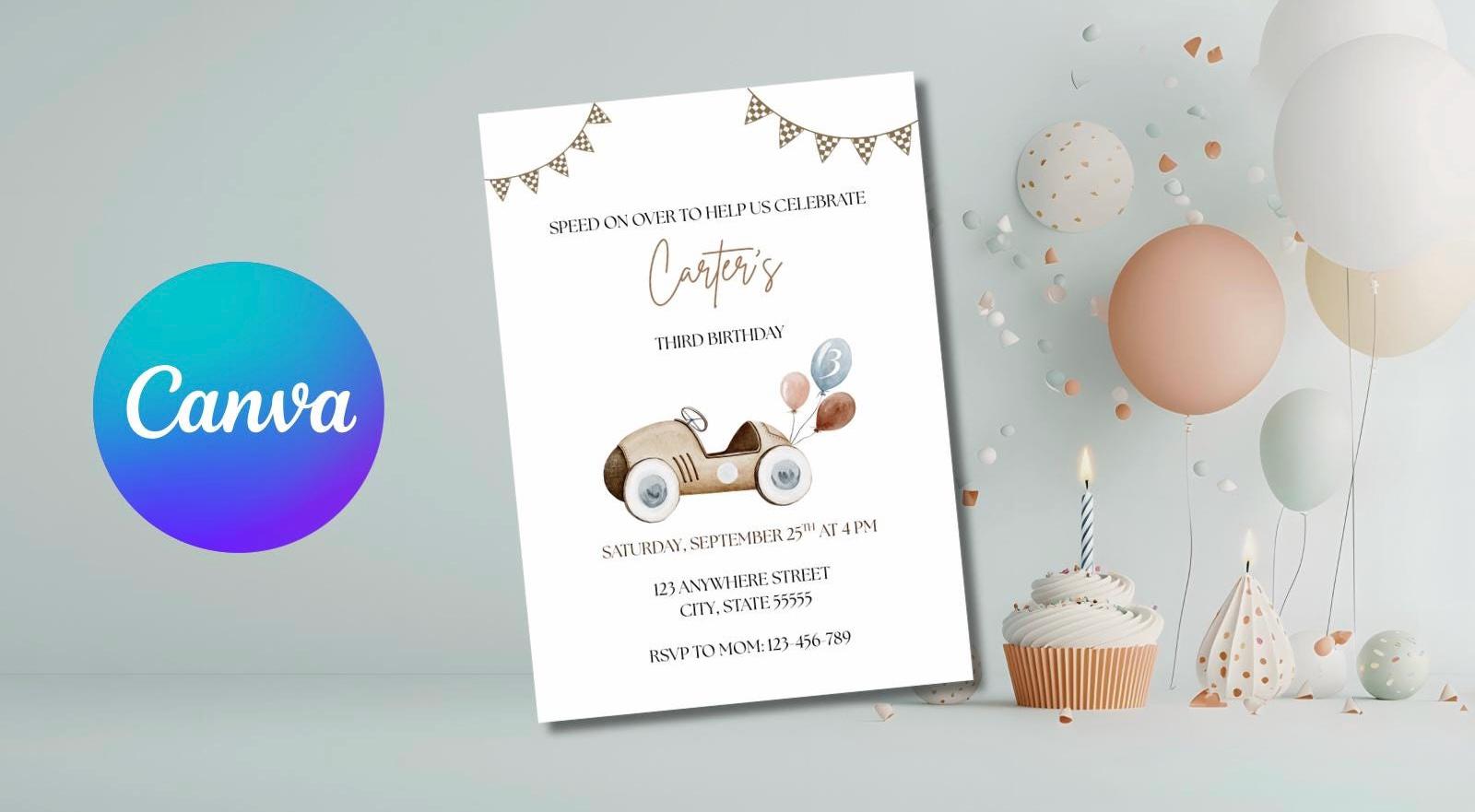 Vintage Race Car with balloons Birthday Invitation, Boys Birthday Party Invite, Editable Template