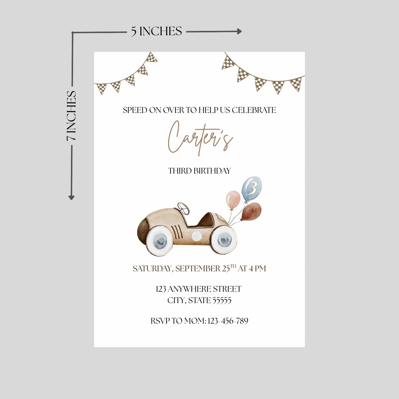 Vintage Race Car with balloons Birthday Invitation, Boys Birthday Party Invite, Editable Template