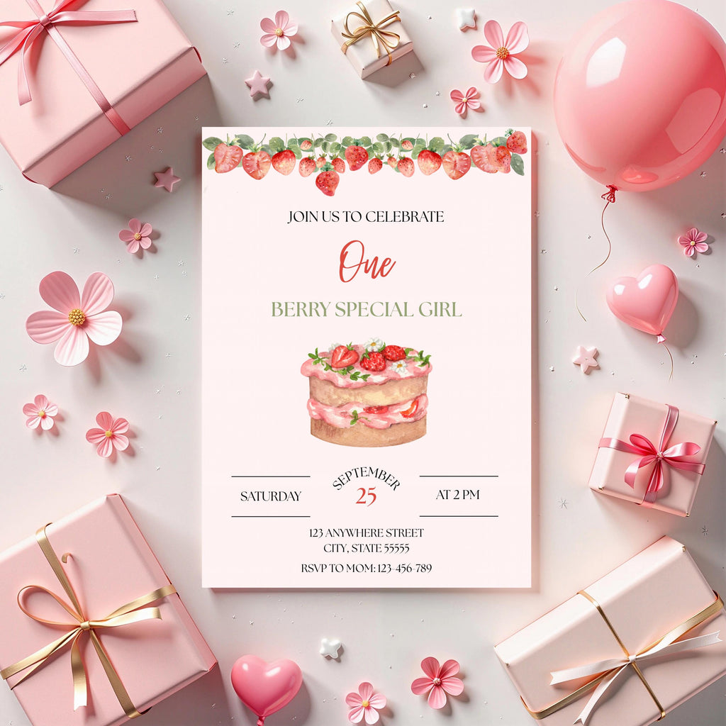 Berry First Birthday Invitation, Girl Party Invite, Canva Editable Template