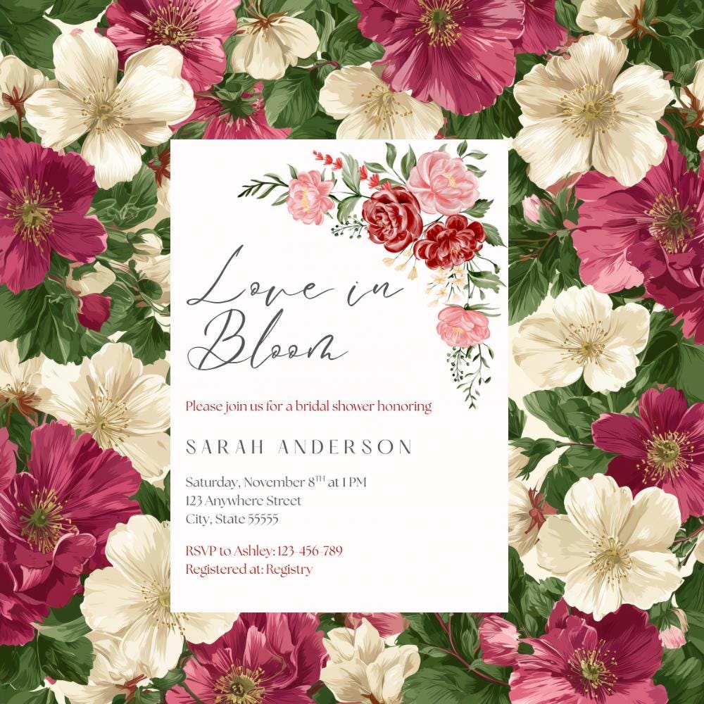 Pink Floral Bridal Shower Invitation: Canva Editable Template