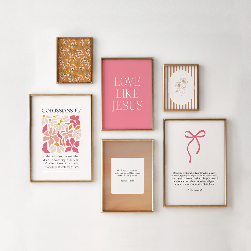 Pink Christian Wall Art Set Bedroom, Orange Bible Verse Wall Print Preppy, Digital Download