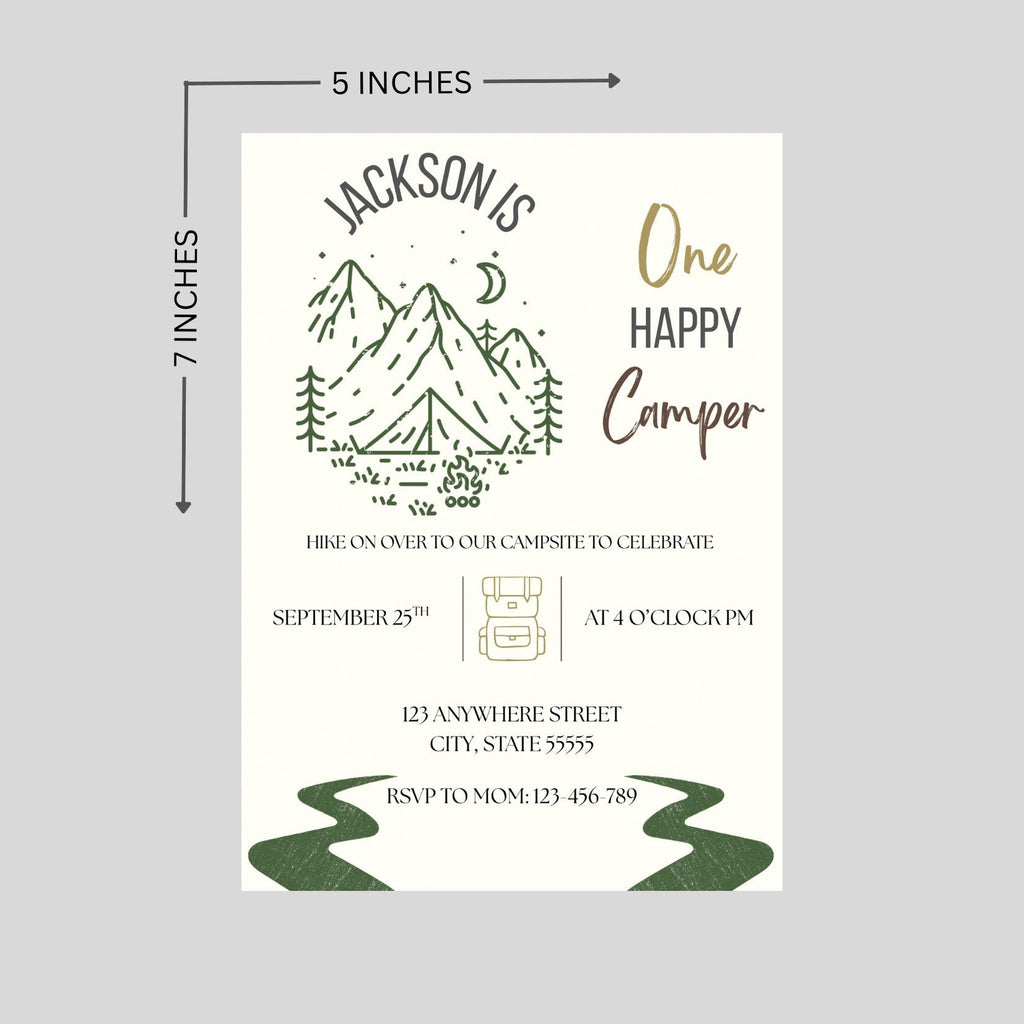 One Happy Camper First Birthday Invitation: Fall Camping Theme (Canva Template 5x7)