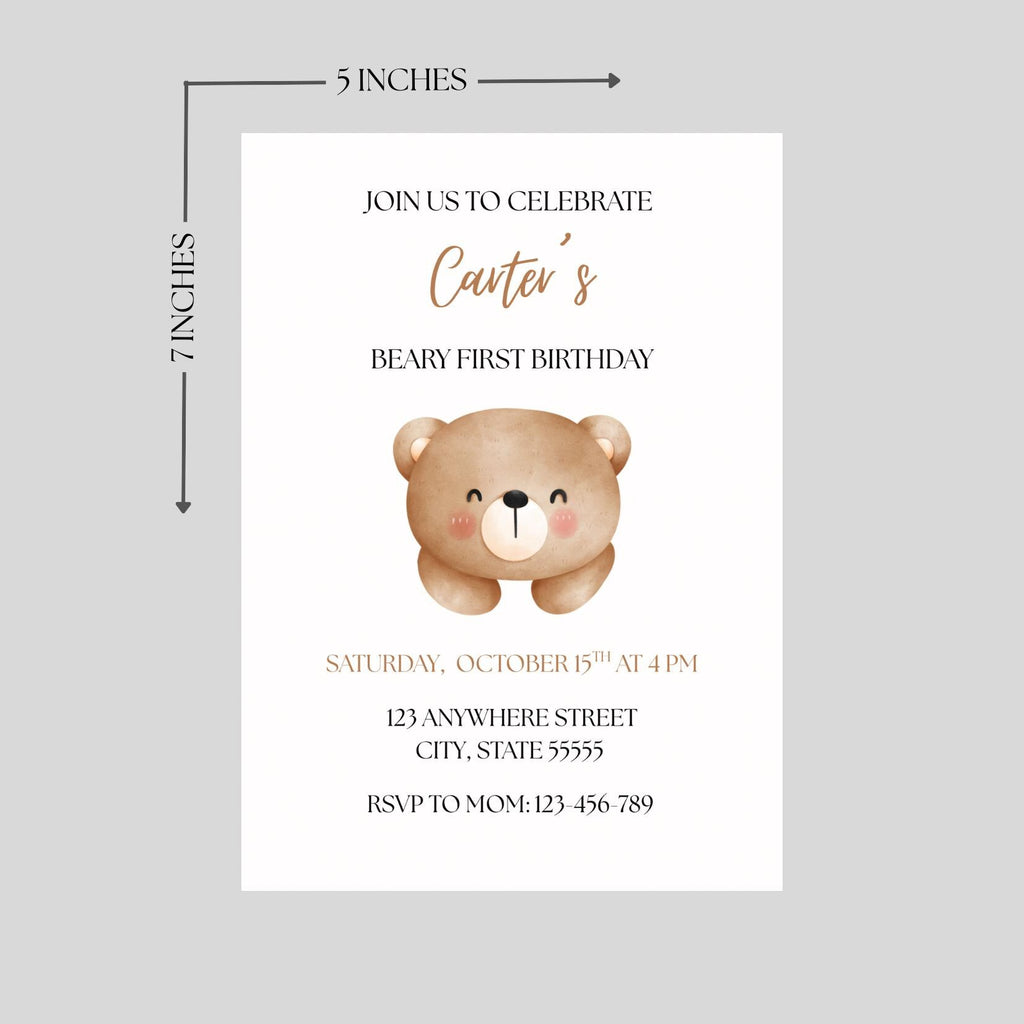 Teddy Bear 1st Birthday Invitation: Vintage Beary First Party, Canva Editable Template