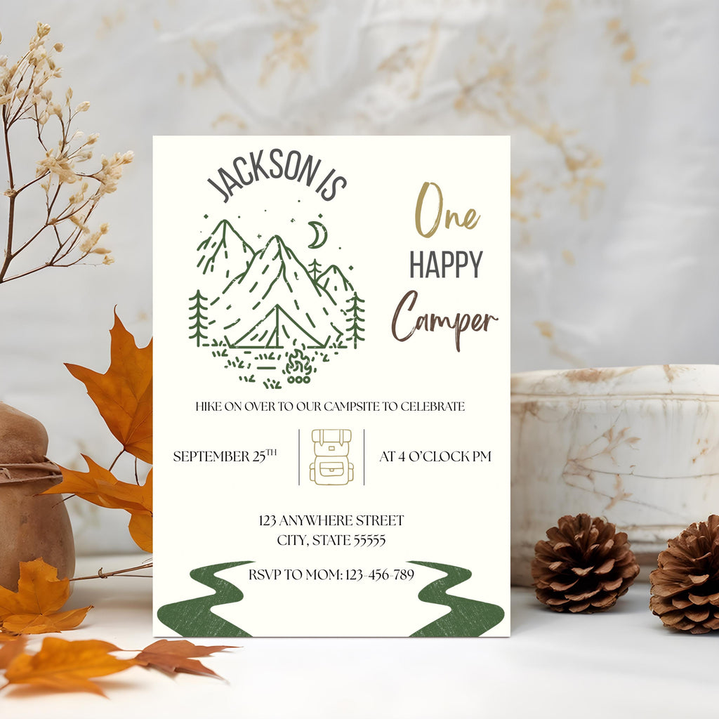 One Happy Camper First Birthday Invitation: Fall Camping Theme (Canva Template 5x7)