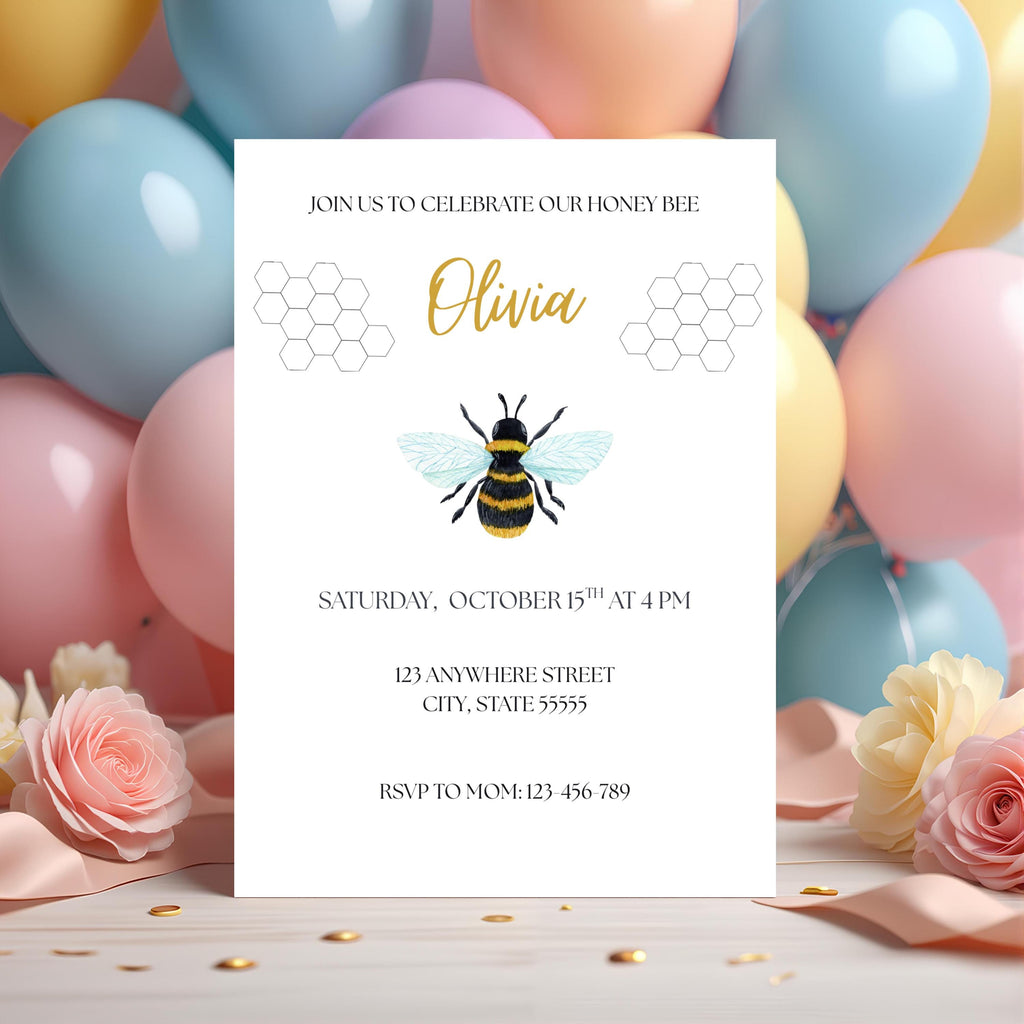 Honey Bee Birthday Invitation, Yellow Bumblebee Girl Party Invite, Editable Template