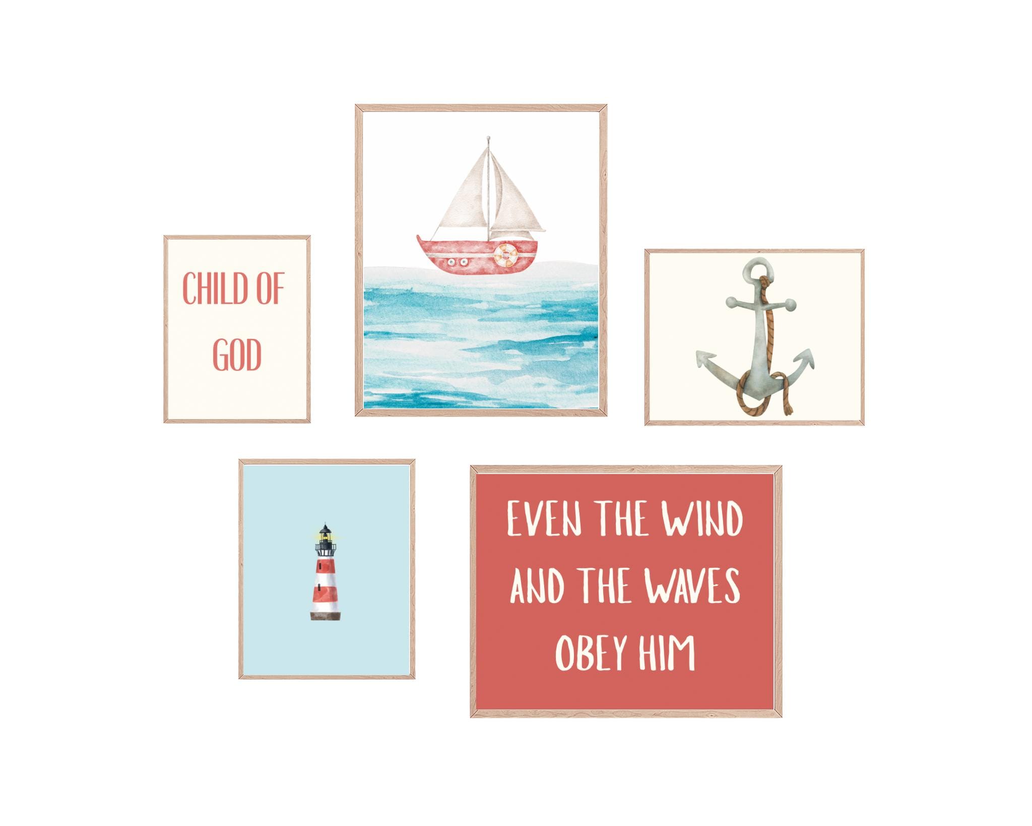 Coastal Christian Boy Nursery Wall Art Set, Blue and Red Bedroom Prints, Digital Download