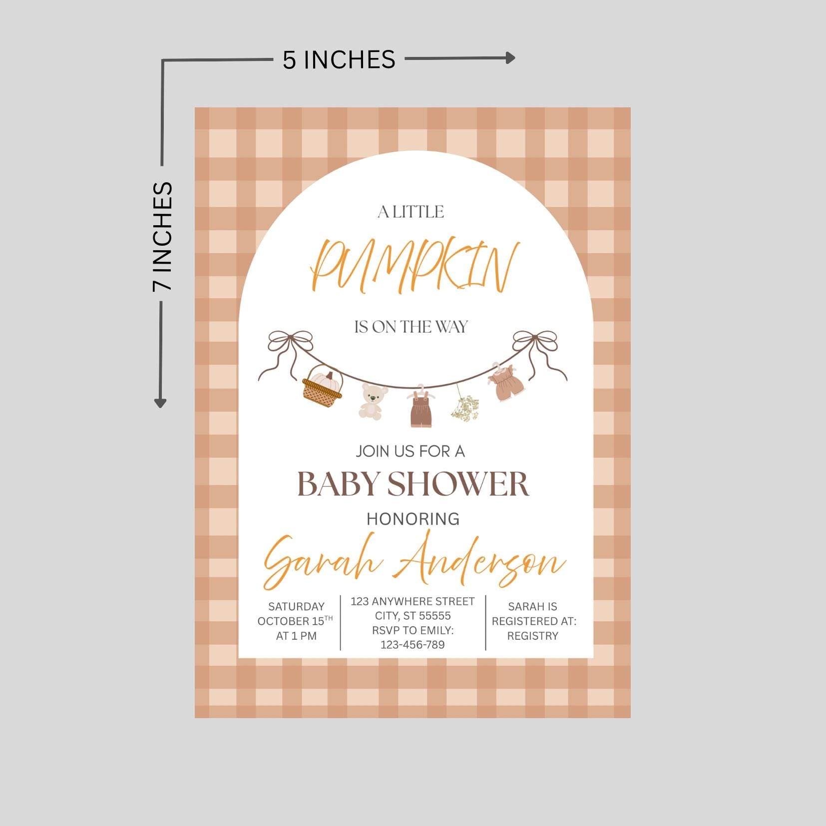 Little Pumpkin On The Way Invitation, Fall Baby Shower Invite Gingham, Editable Template