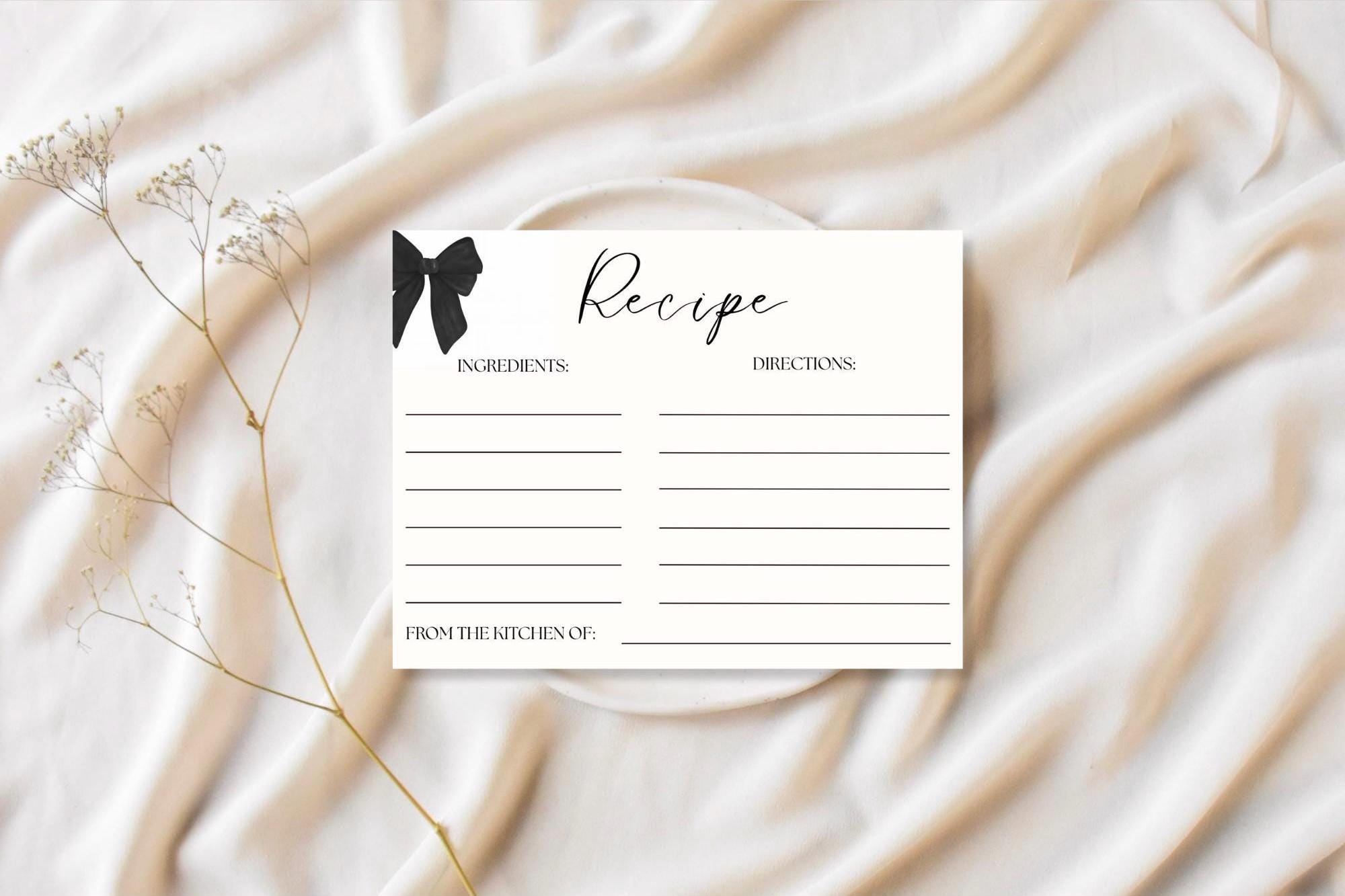 Tying the Knot Bridal Shower Bundle: Black Bow Invitation Recipe Card, Editable Canva Template