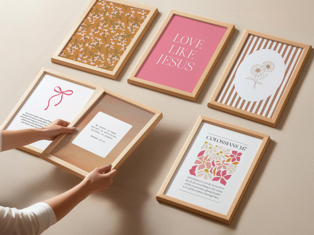 Pink Christian Wall Art Set Bedroom, Orange Bible Verse Wall Print Preppy, Digital Download