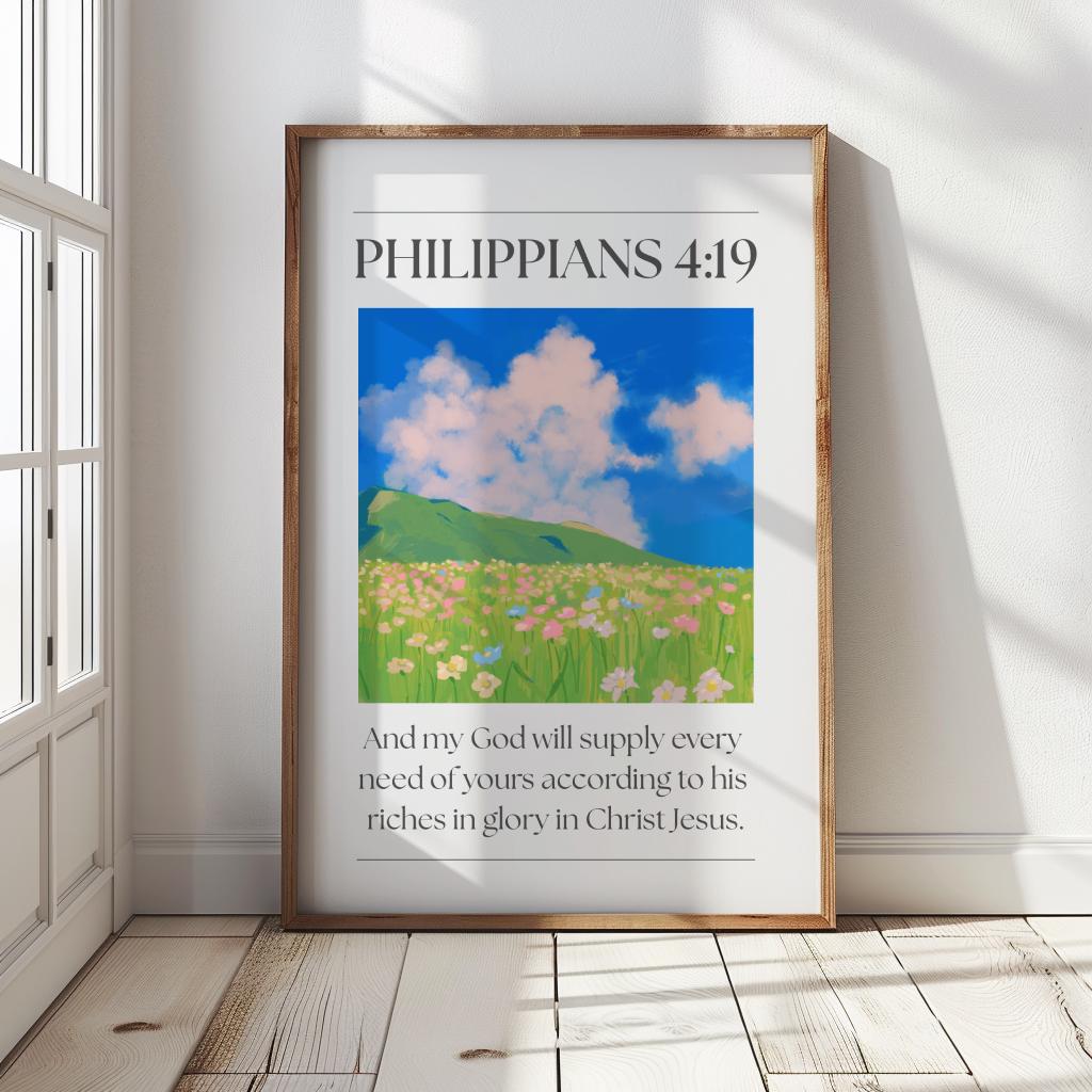 Floral Christian Wall Art, Pink Philippians 4 Bible Verse Quote Poster Print, Digital Download