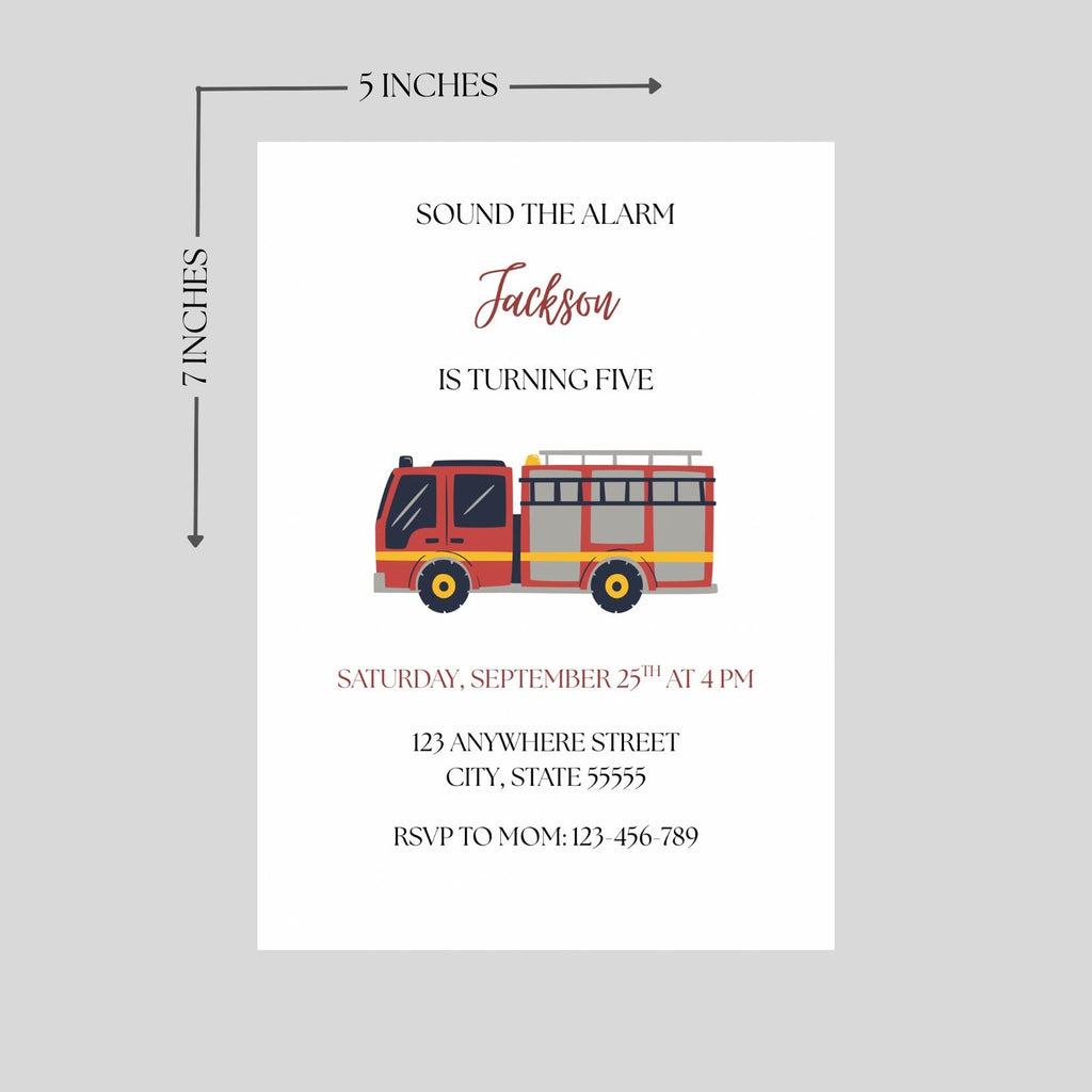 Firetruck Birthday Invitation, Firefighter Sound the Alarm Party Invite, Canva Editable Template