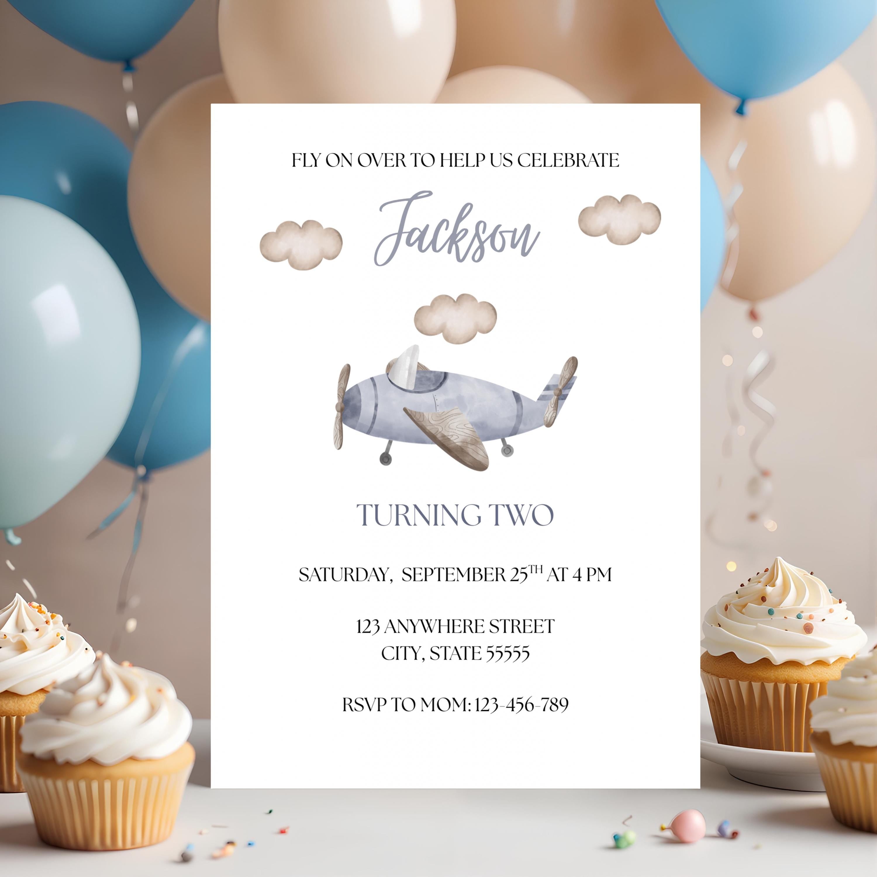 Vintage Airplane Birthday Invitation, Boys Fly On Over Plane Party Invite, Editable Template