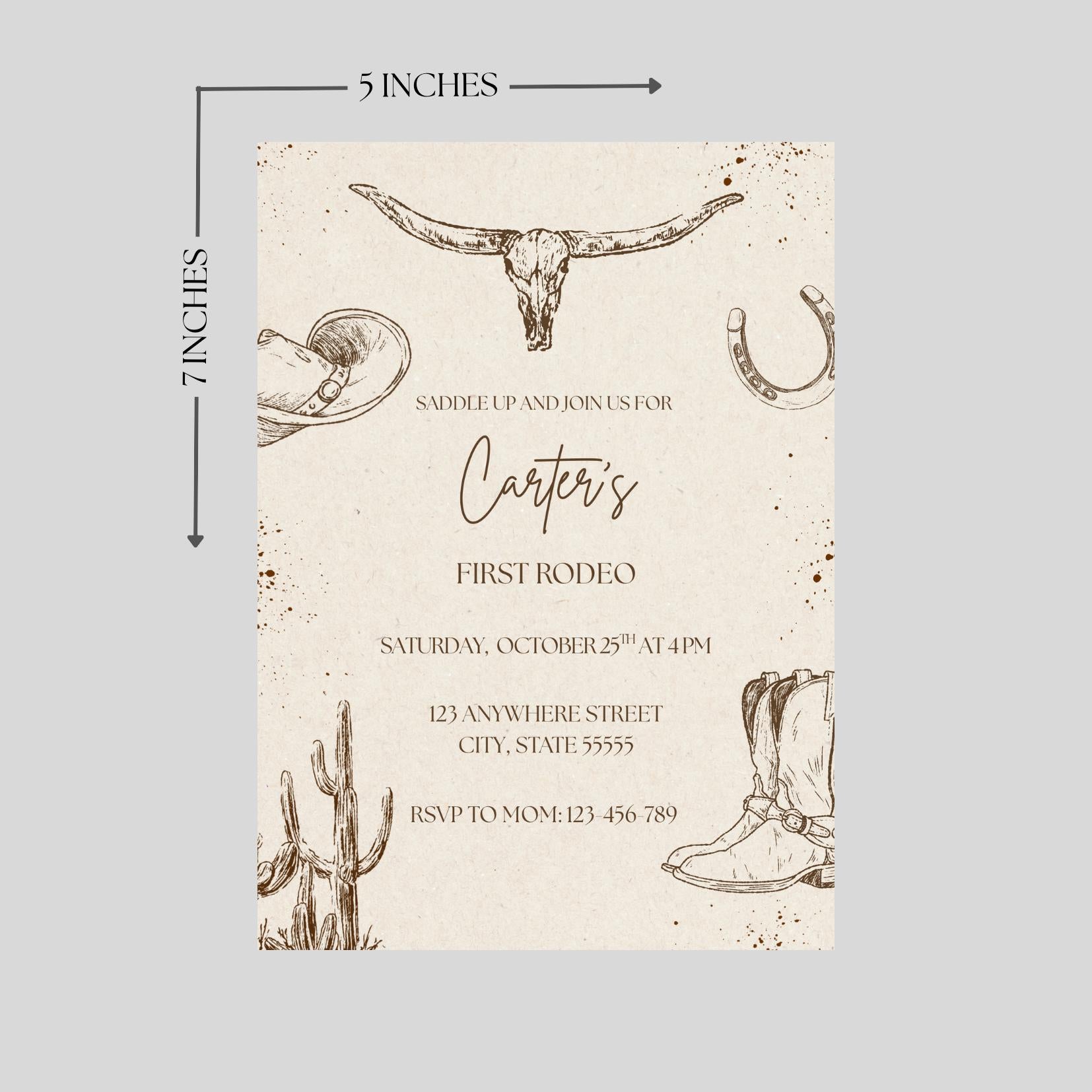 First Rodeo Birthday Invitation: Cowboy Western Theme (Editable Template)