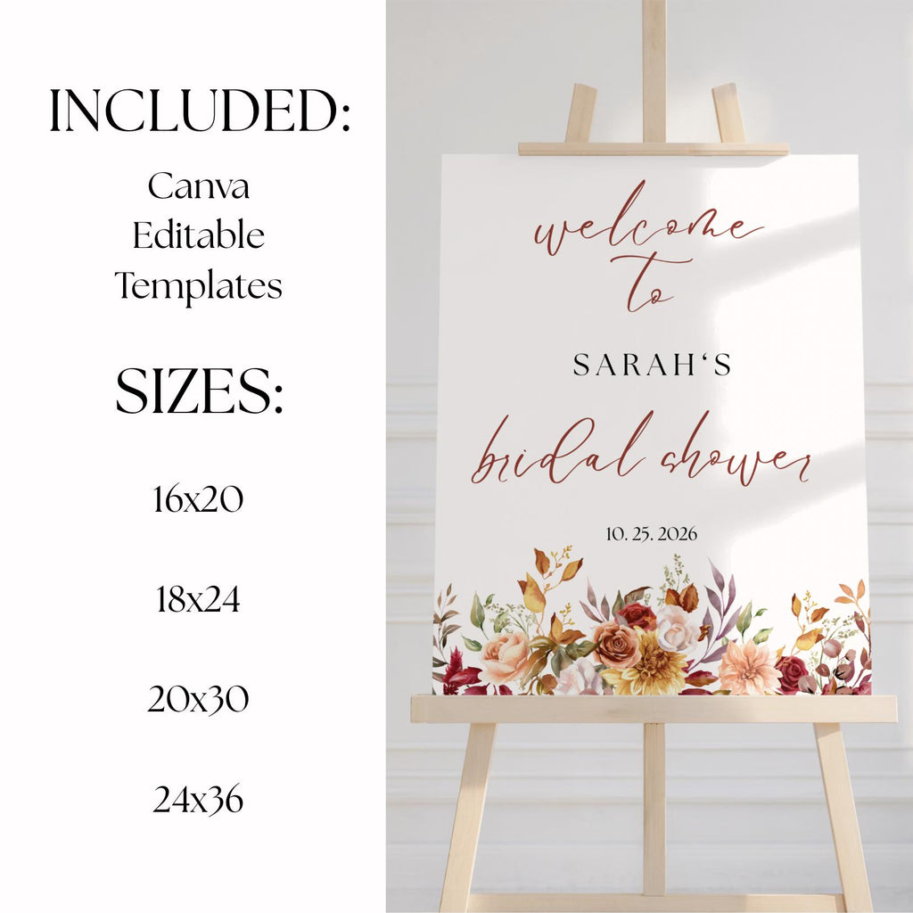 Falling in Love Bridal Shower Welcome Sign, Fall Floral Editable Template