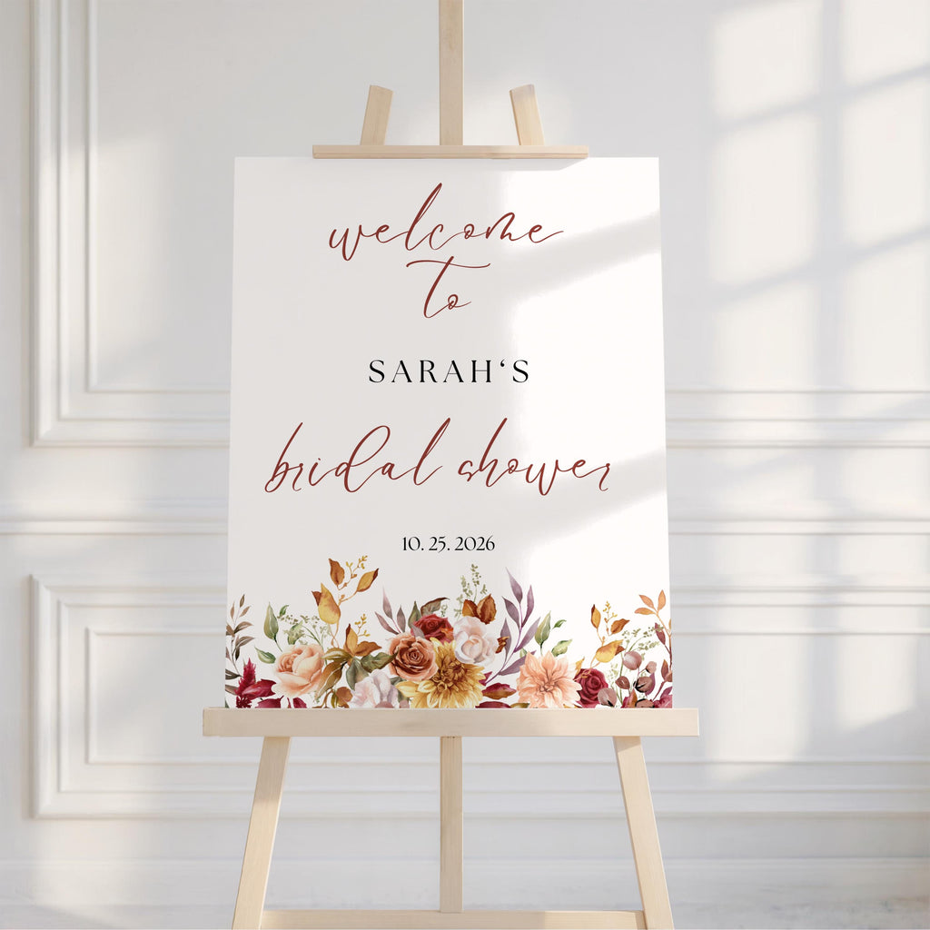 Falling in Love Bridal Shower Welcome Sign, Fall Floral Editable Template