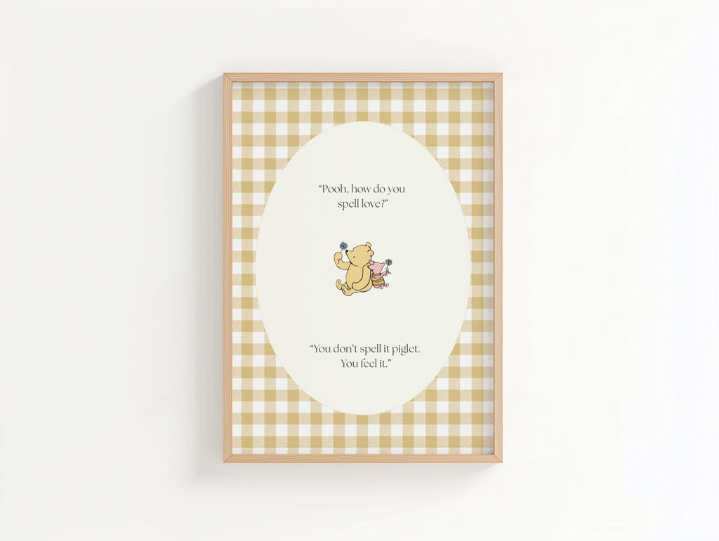 Vintage Winnie the Pooh Nursery Wall Art, Yellow Gingham Pooh Bear Print,  Digital Download