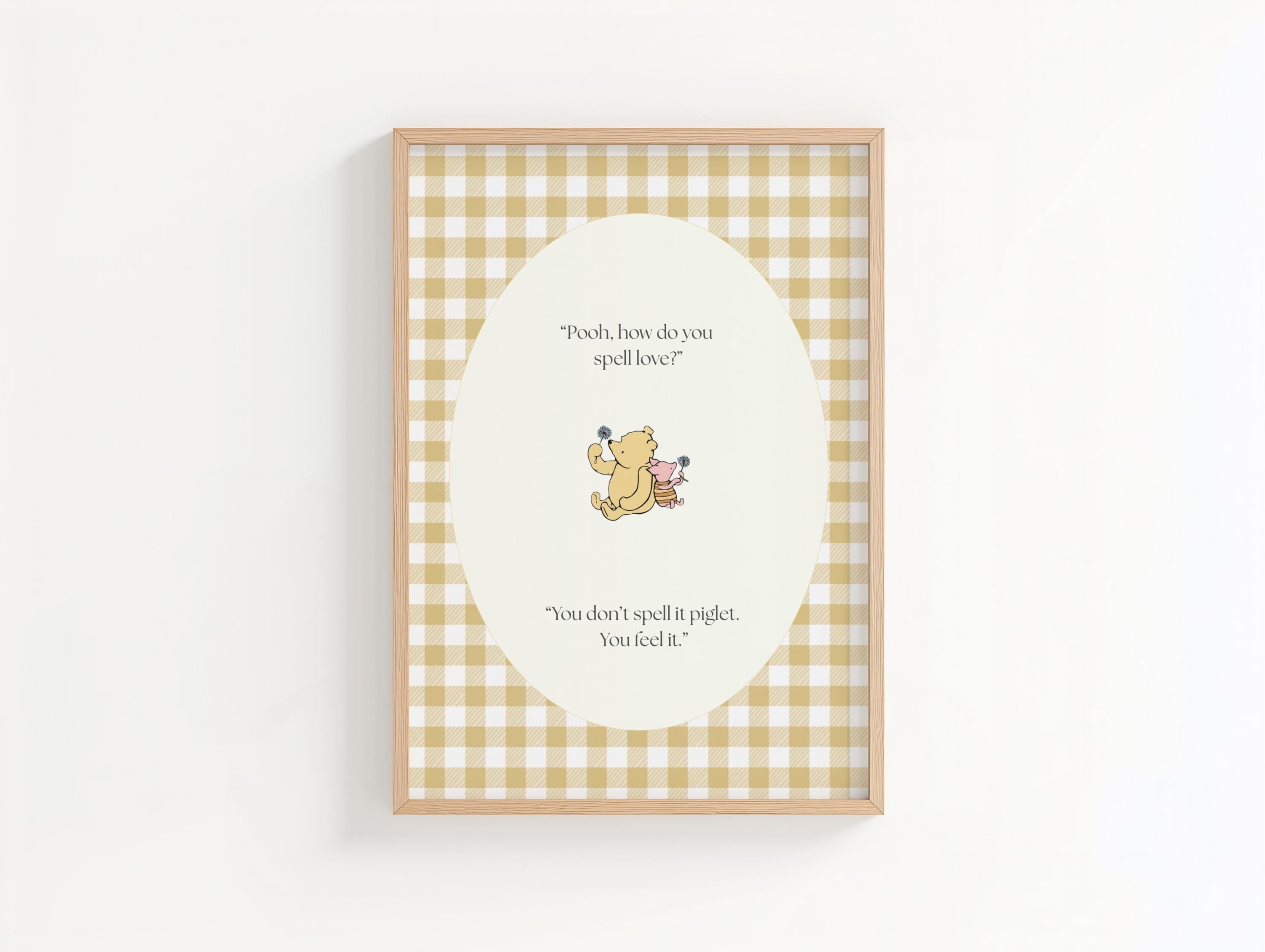 Vintage Winnie the Pooh Nursery Wall Art, Yellow Gingham Pooh Bear Print,  Digital Download