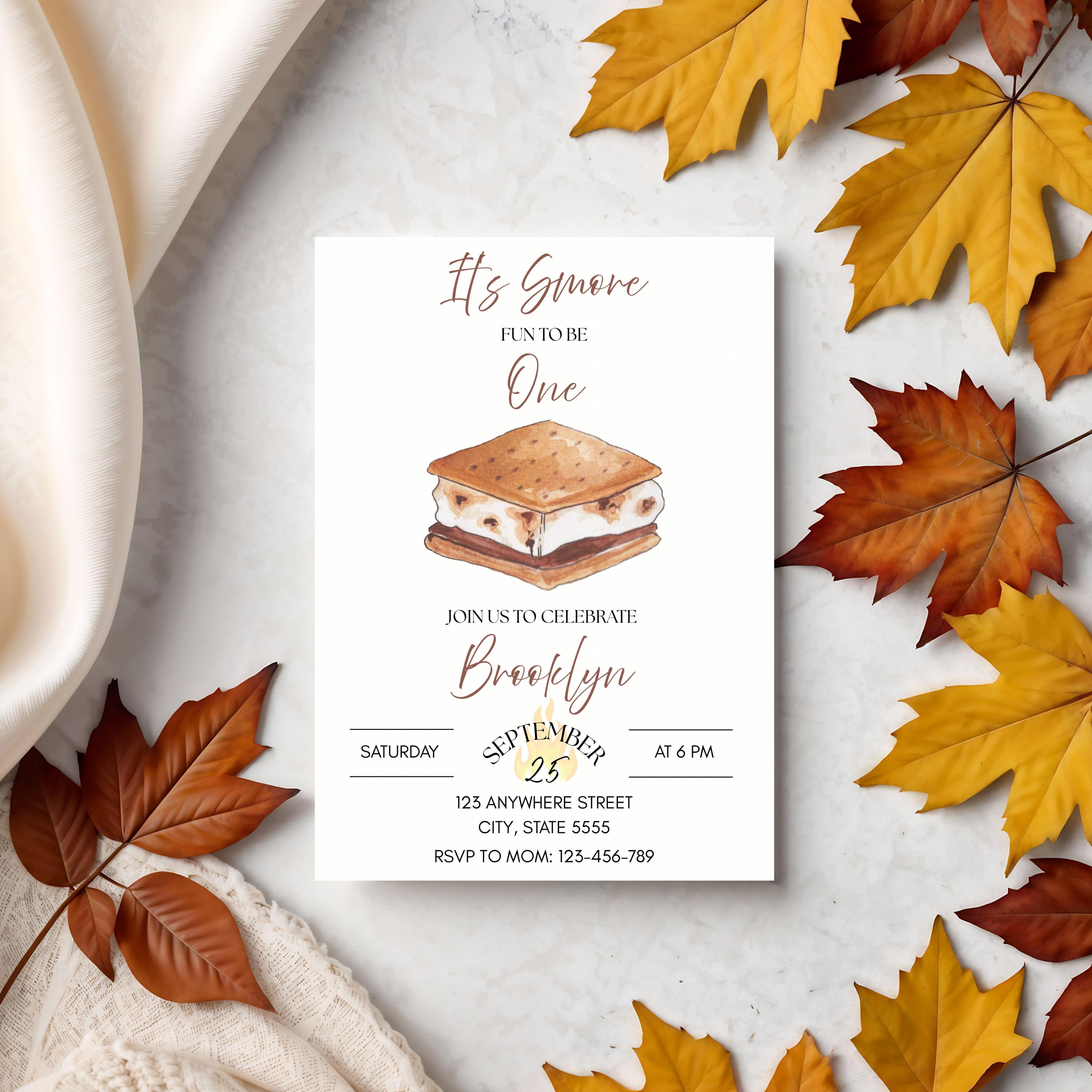 Smore Fun First Birthday Invitation: Camping Theme, Editable Canva Template