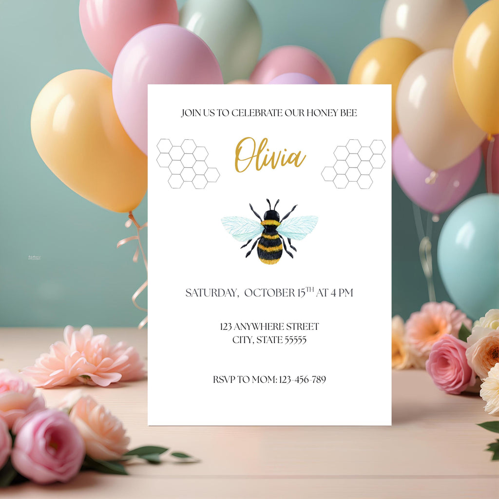 Honey Bee Birthday Invitation, Yellow Bumblebee Girl Party Invite, Editable Template
