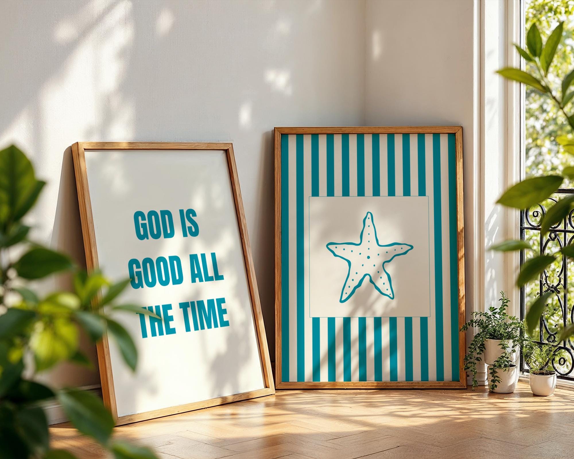 Christian Wall Art Printable Set of 3, Blue Coastal Style Art Prints, Digital Download