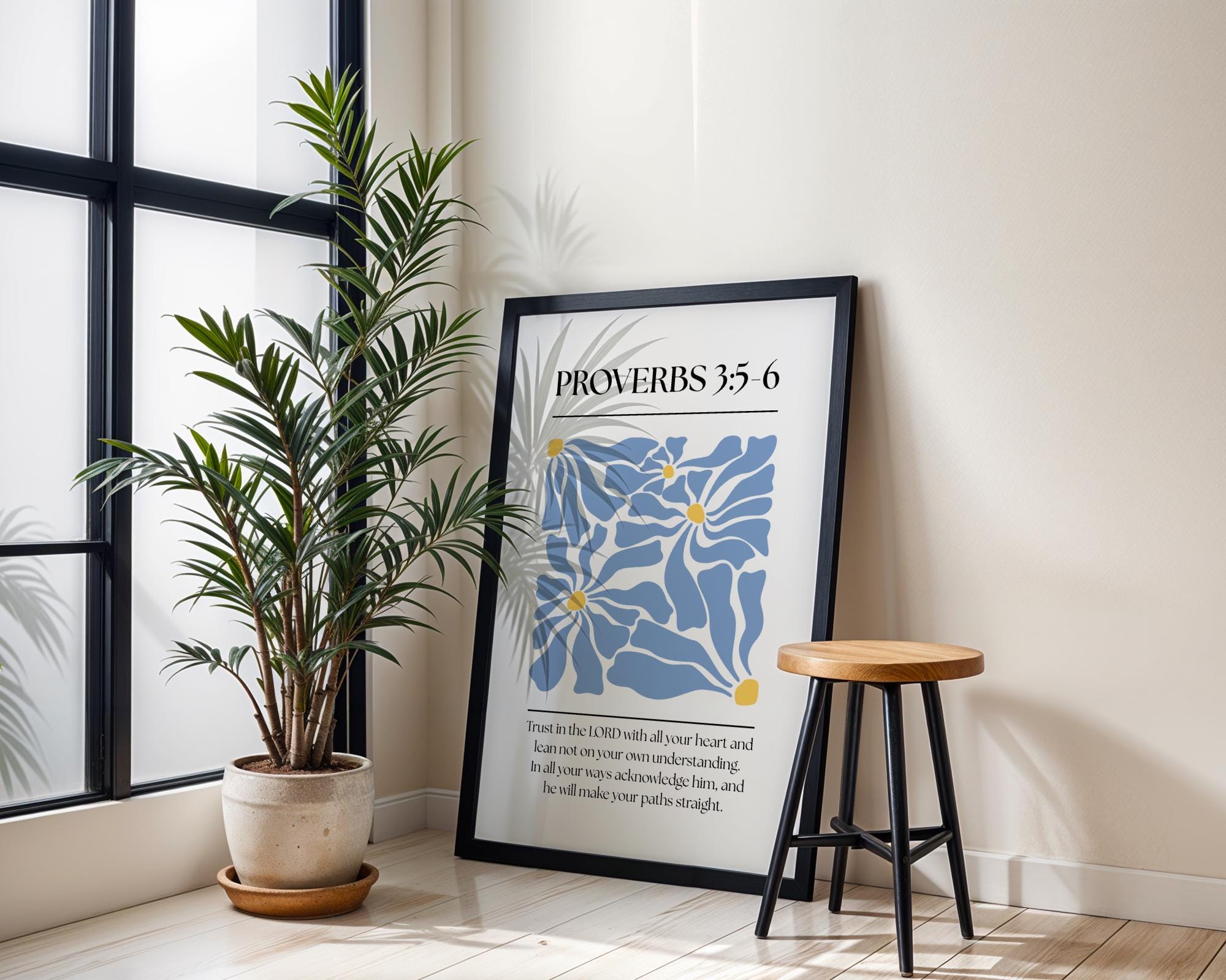 Blue Christian Wall Art, Abstract Proverbs Bible Verse Quote Poster Print, Digital Download
