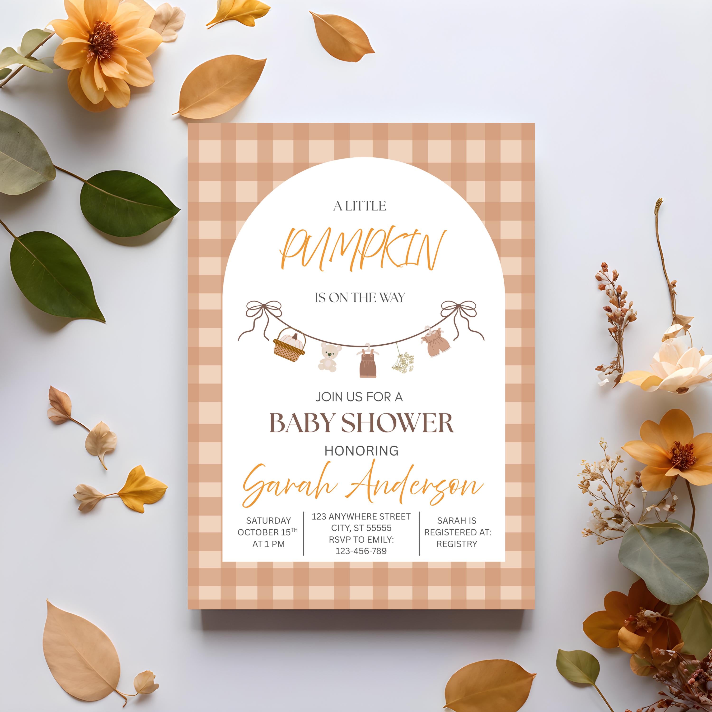 Little Pumpkin On The Way Invitation, Fall Baby Shower Invite Gingham, Editable Template