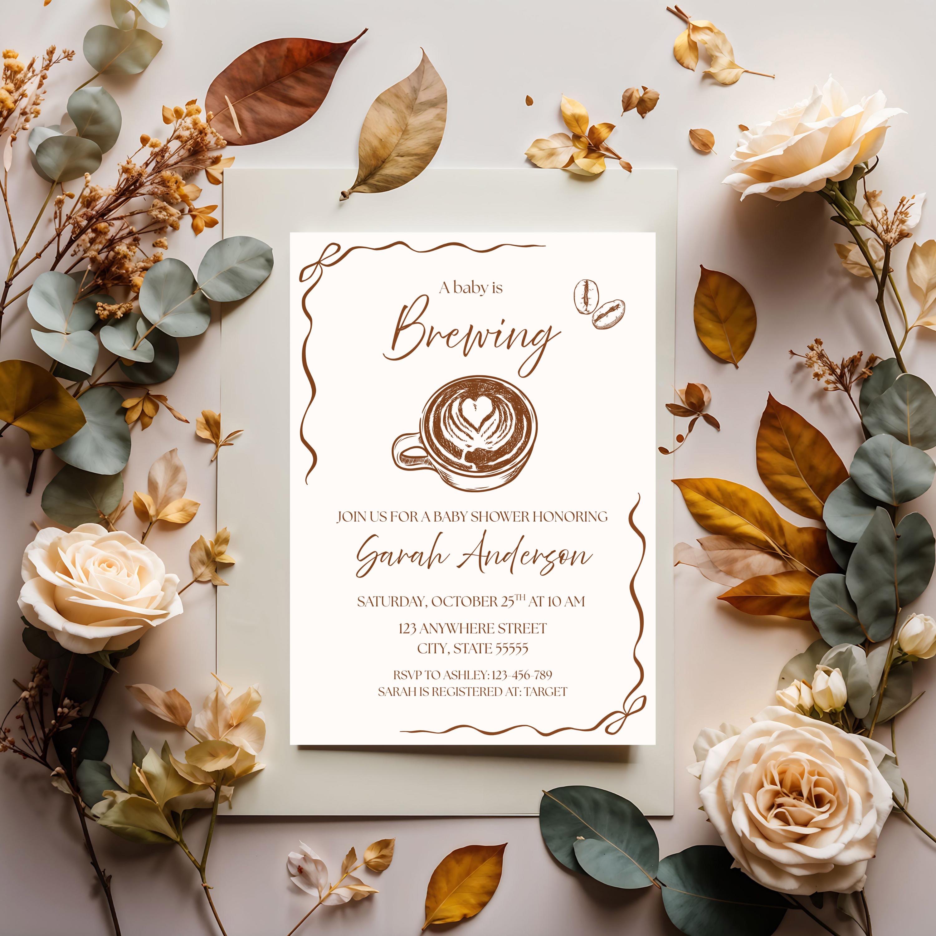 Editable Baby is Brewing Invitation Baby Shower, Brown Hand Drawn Coffee Invite Bundle Template