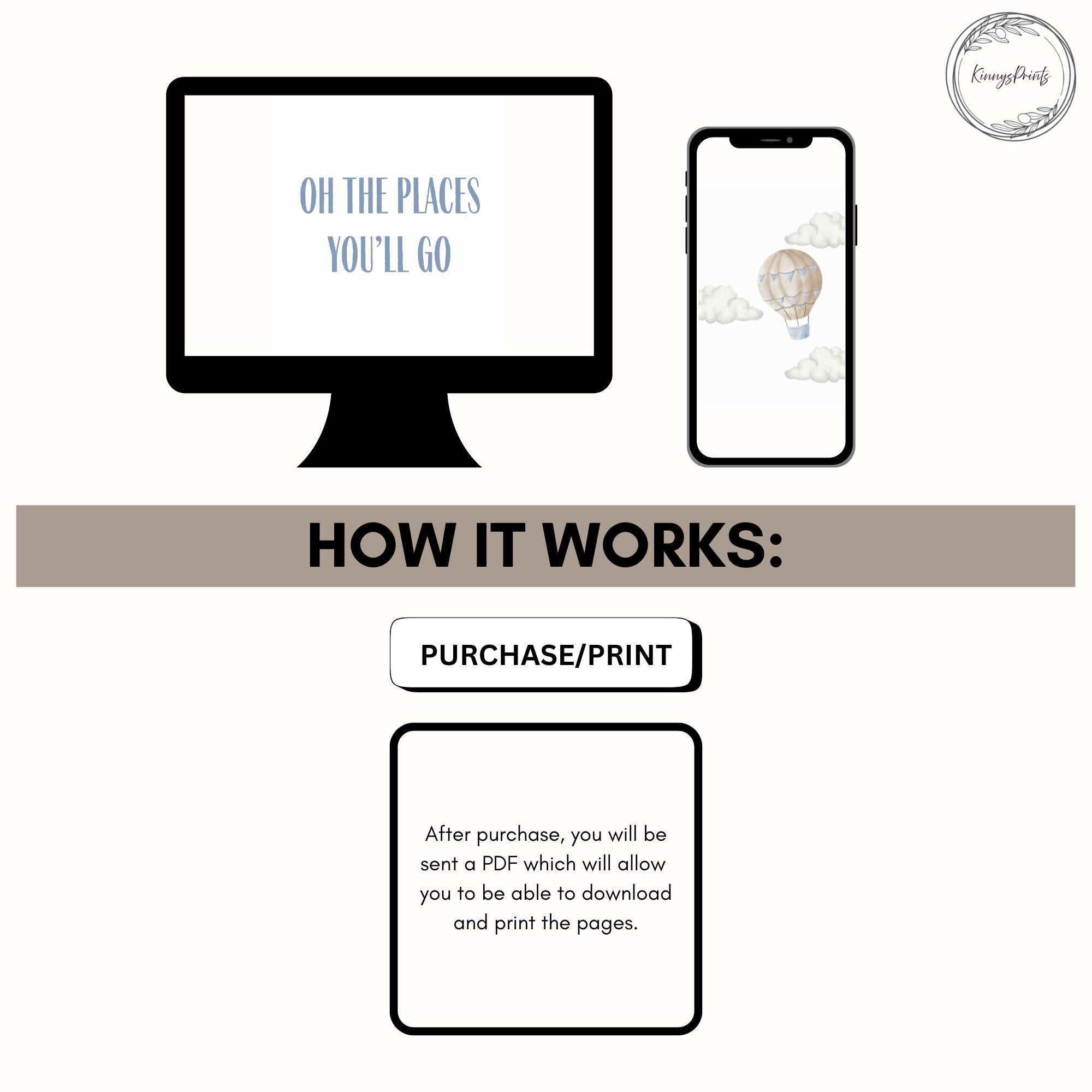 Oh the Places You'll Go Vintage Nursery Wall Art Prints, Digital Download